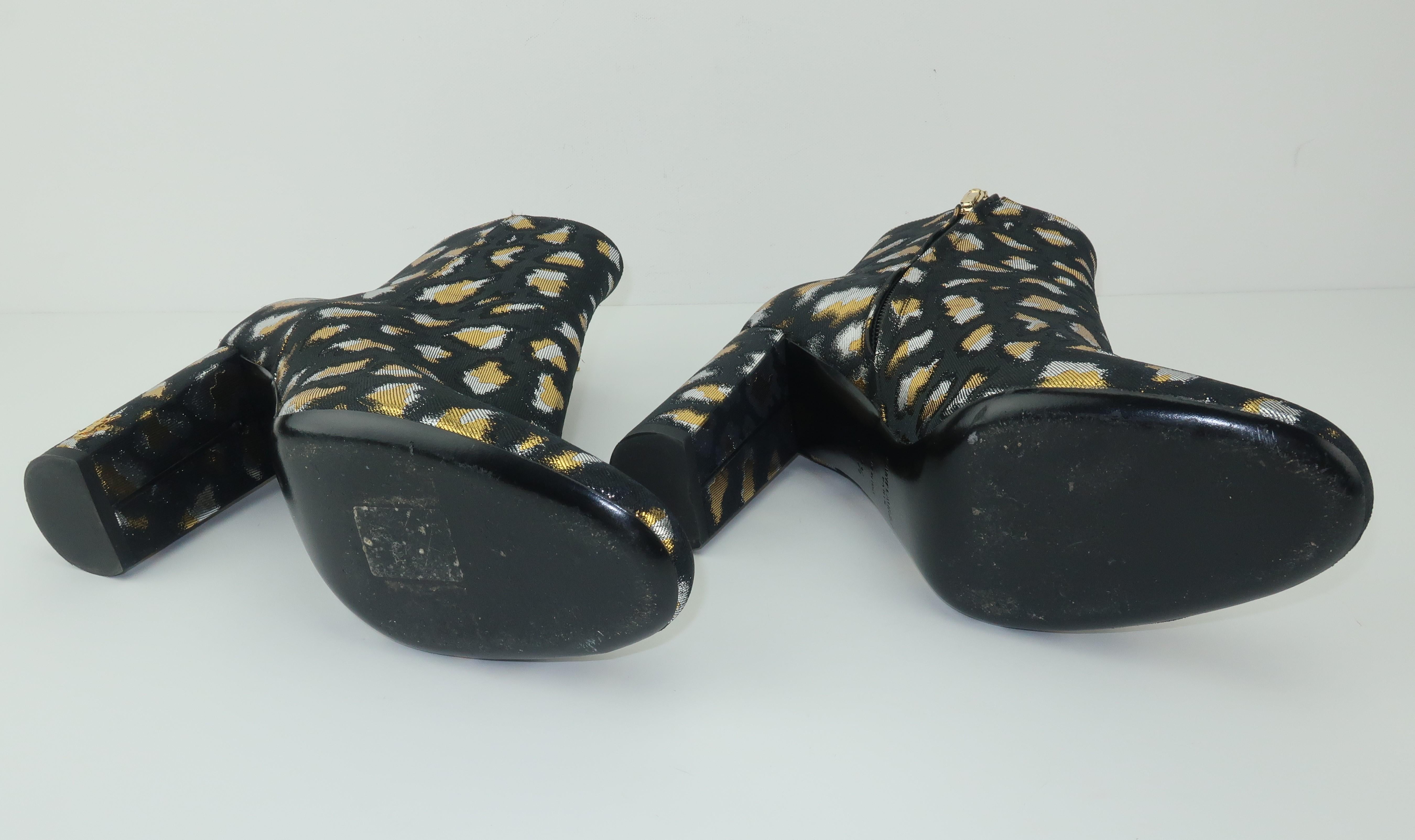 Yves Saint Laurent Gold & Silver Lamé Black Leopard Print Boots Sz 37 1/2 4