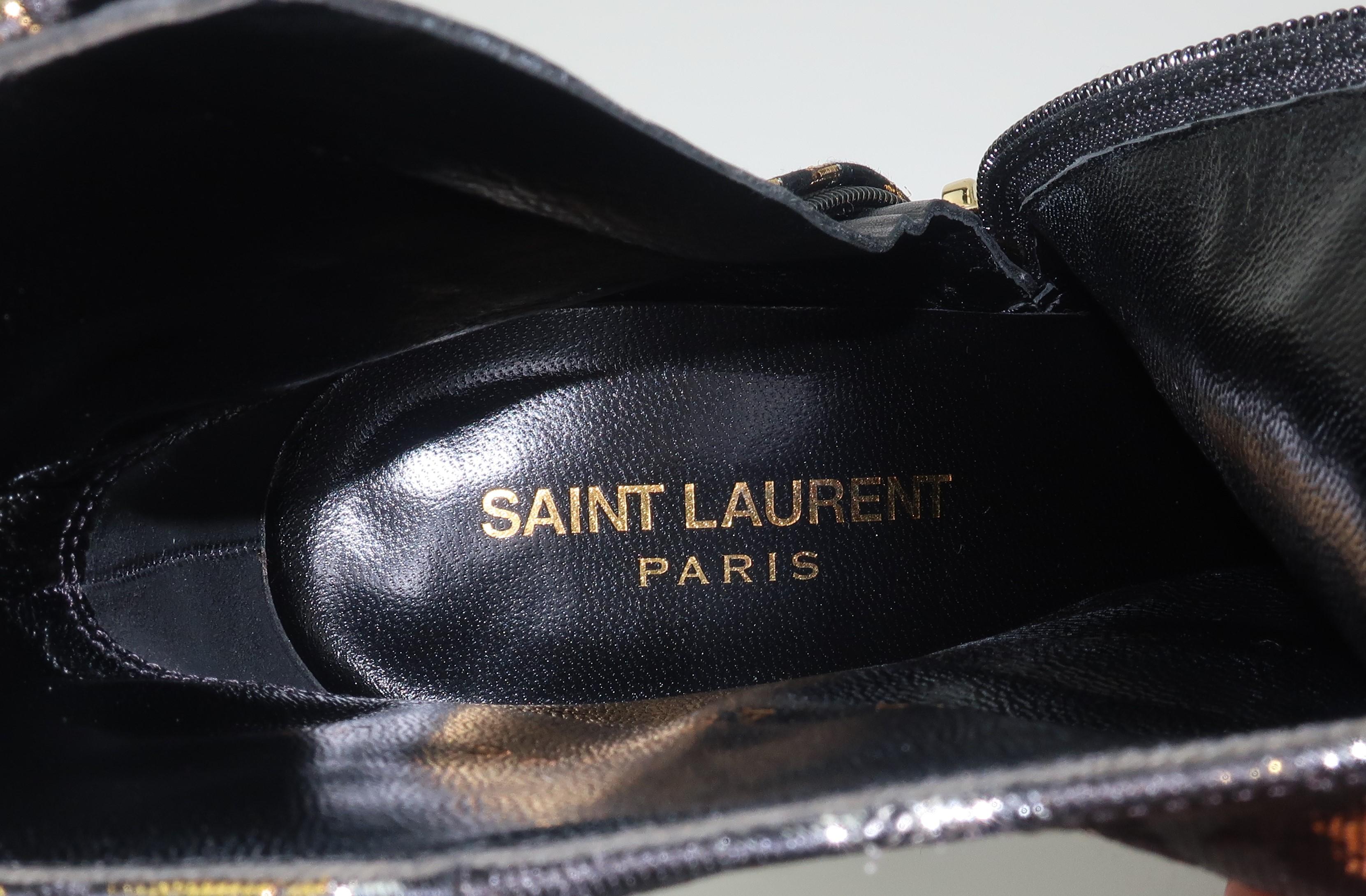 Yves Saint Laurent Gold & Silver Lamé Black Leopard Print Boots Sz 37 1/2 5
