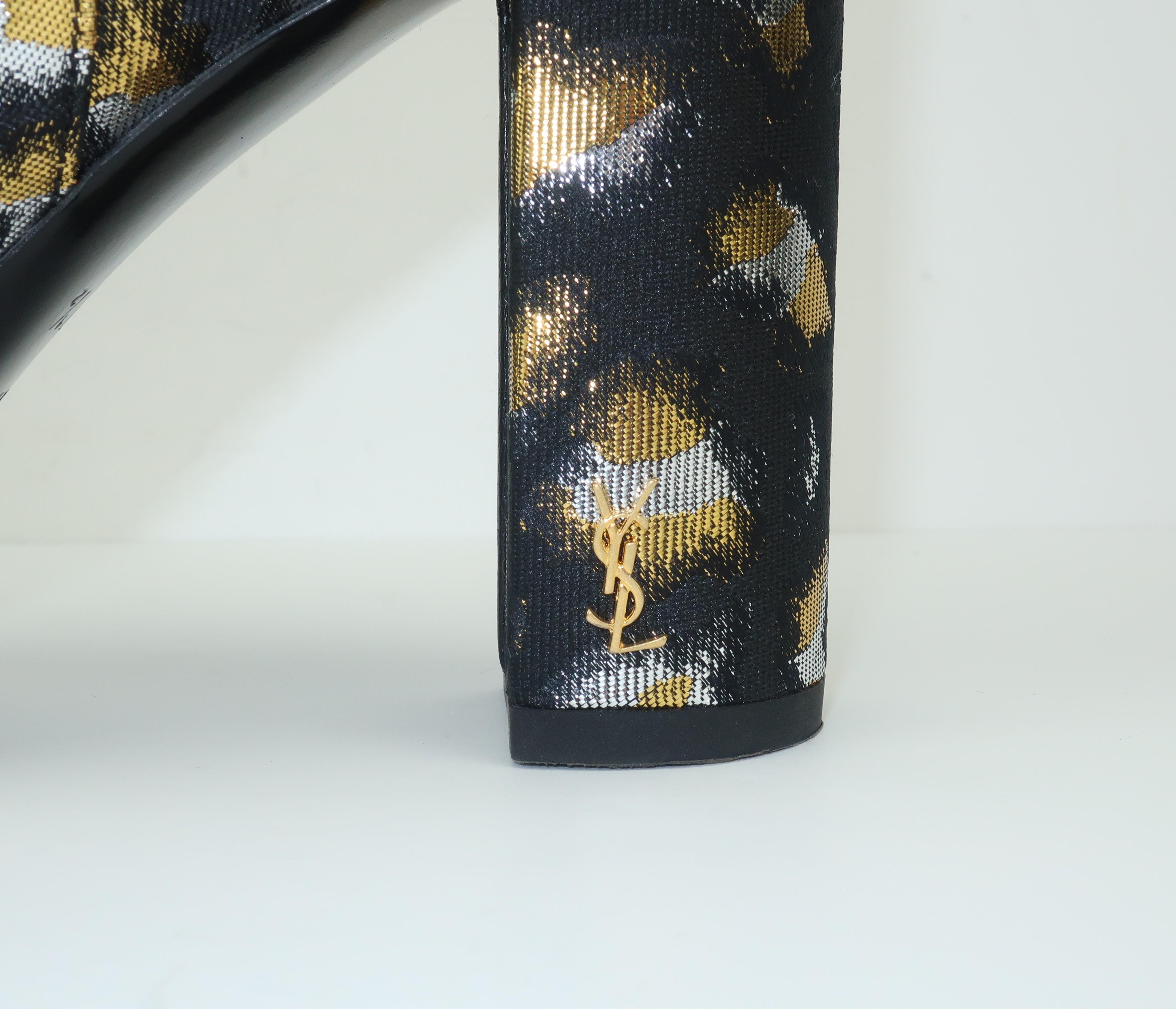 Yves Saint Laurent Gold & Silver Lamé Black Leopard Print Boots Sz 37 1/2 In Good Condition In Atlanta, GA