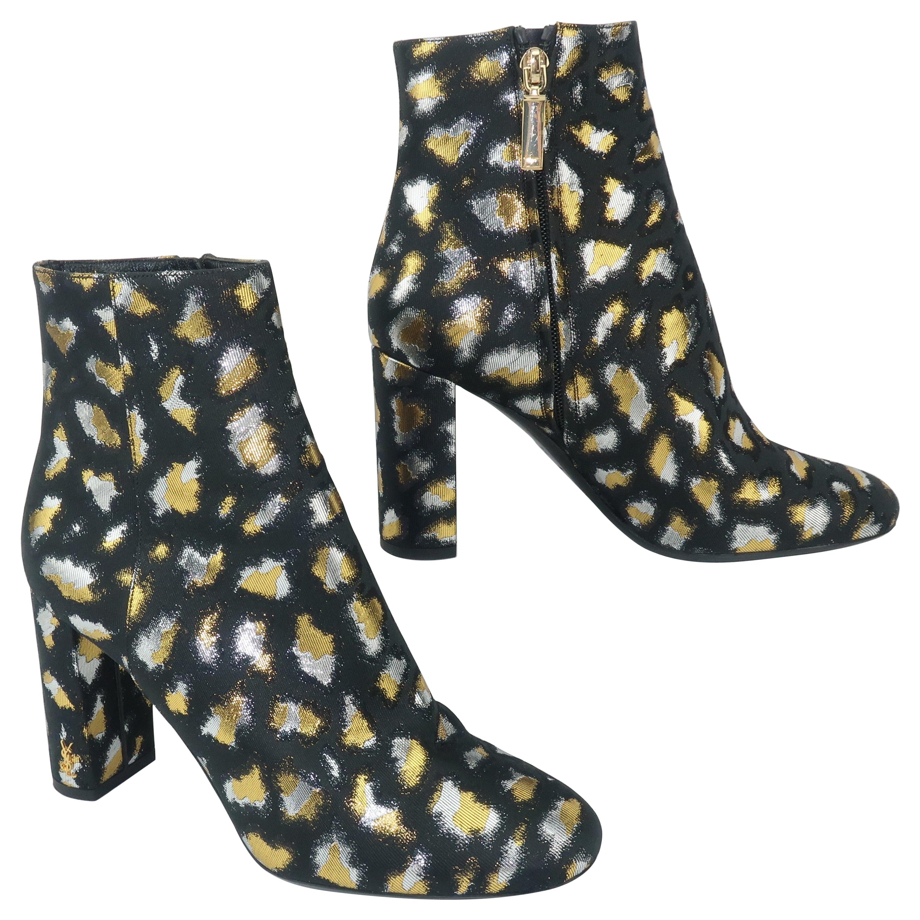 Yves Saint Laurent Gold and Silver Lamé Black Leopard Print Boots Sz 37 1/2  For Sale at 1stDibs | saint laurent silver boots, ysl silver boots, saint  laurent leopard boots