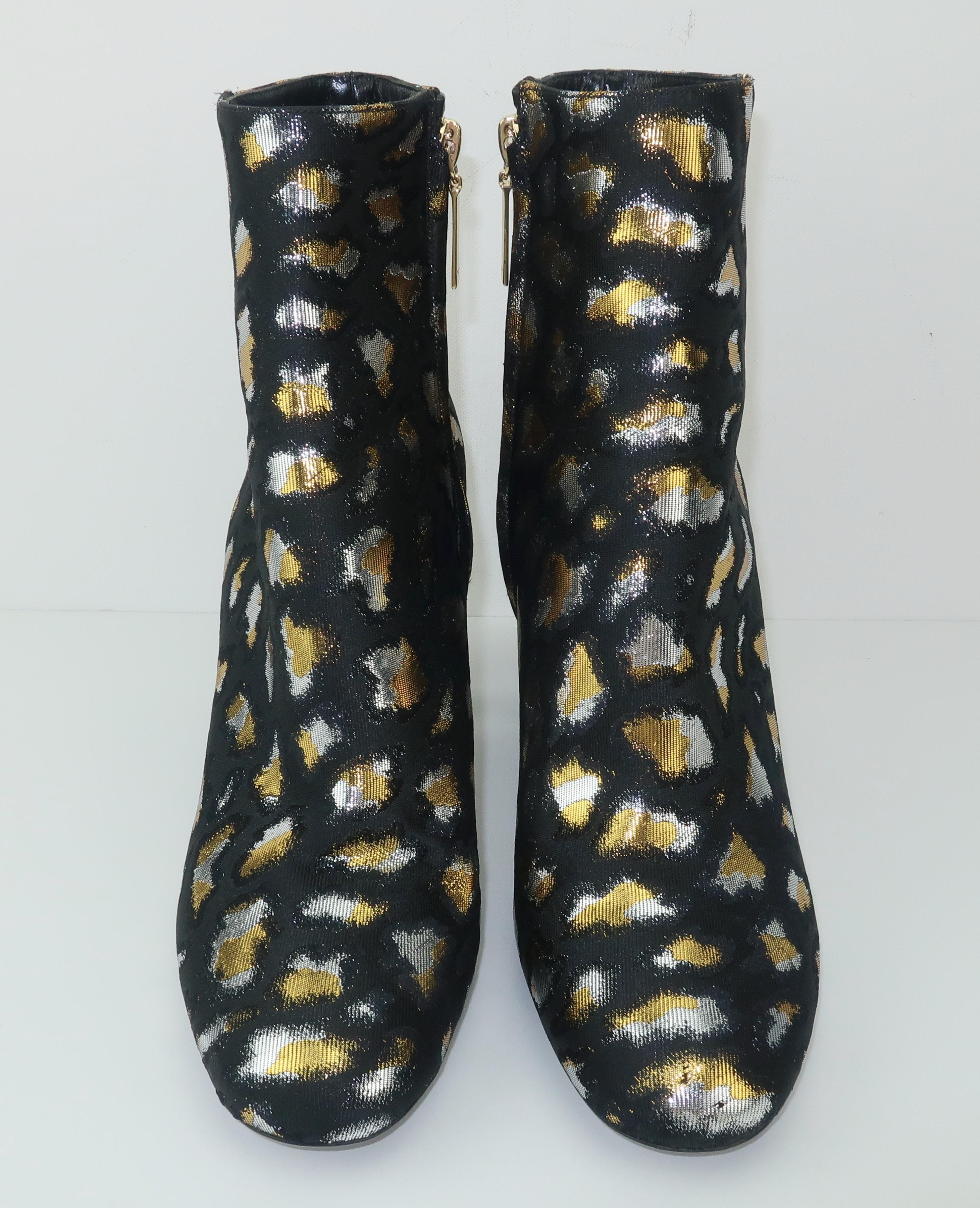 YVES SAINT LAURENT Gold & Silver Lamé Leopard Print Boots Sz 37 1/2 In Good Condition For Sale In Atlanta, GA