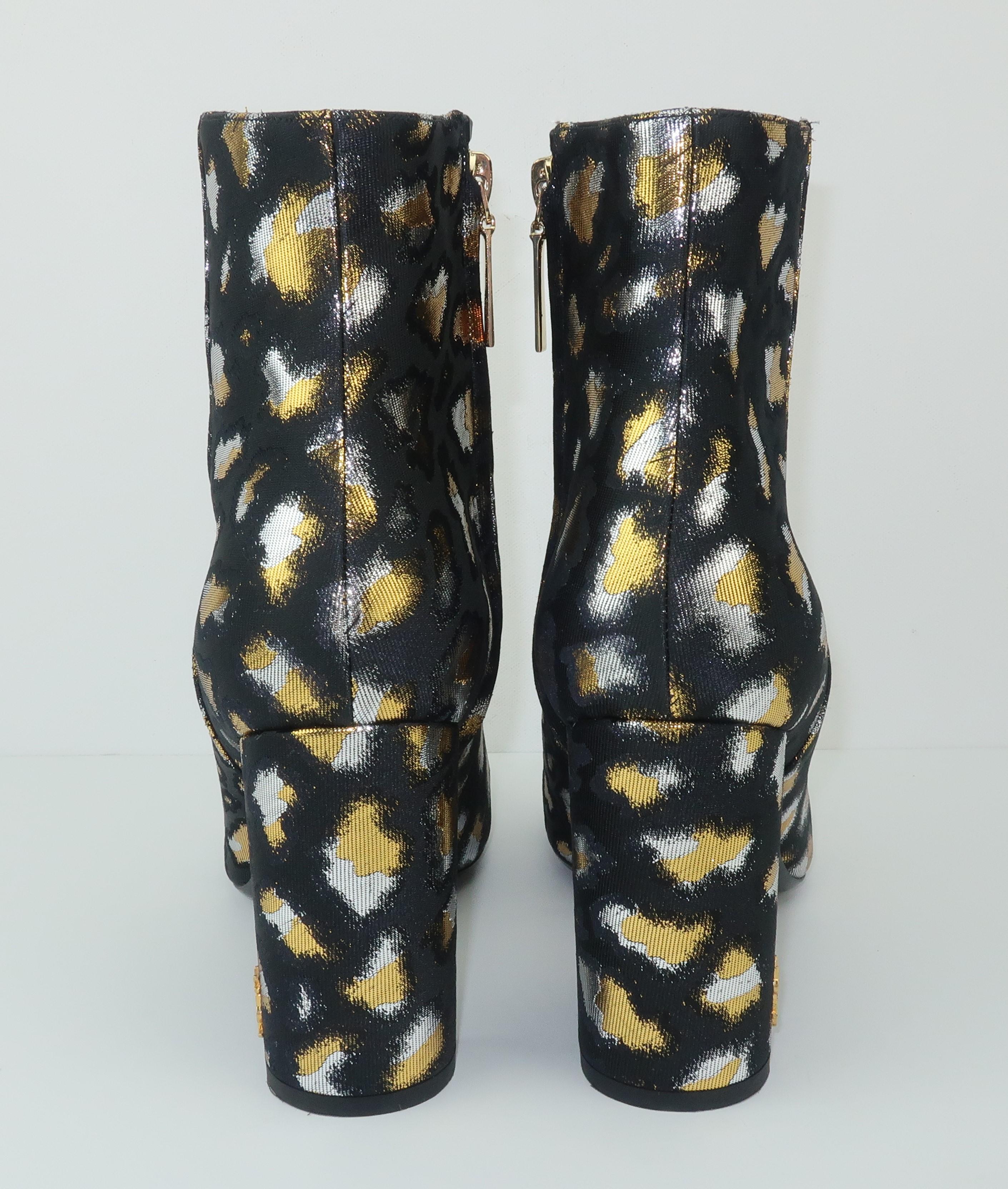 YVES SAINT LAURENT Gold & Silver Lamé Leopard Print Boots Sz 37 1/2 Pour femmes en vente