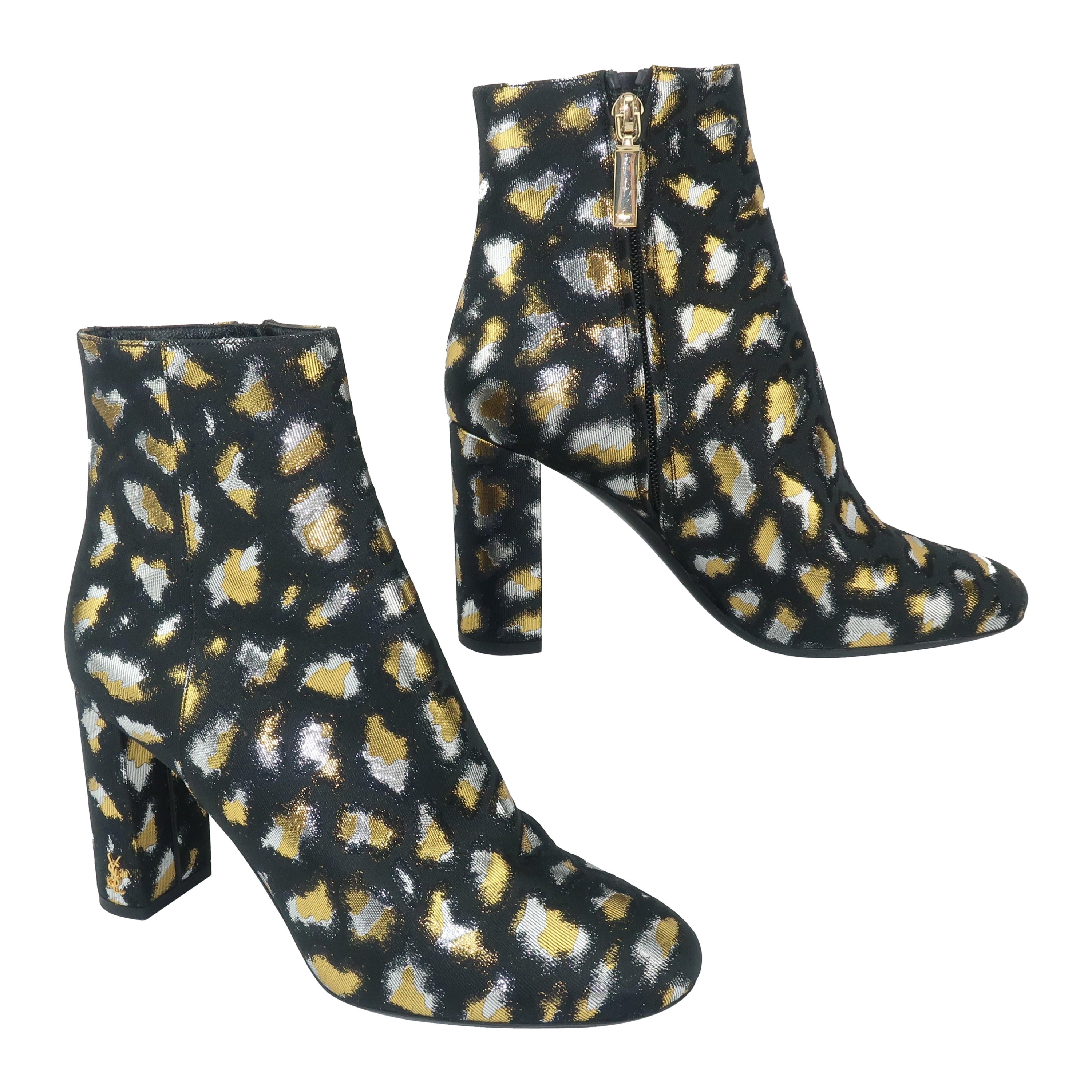 Yves Saint Laurent Oro e Argento Lamé Leopardo Stivali Sz 37 1/2