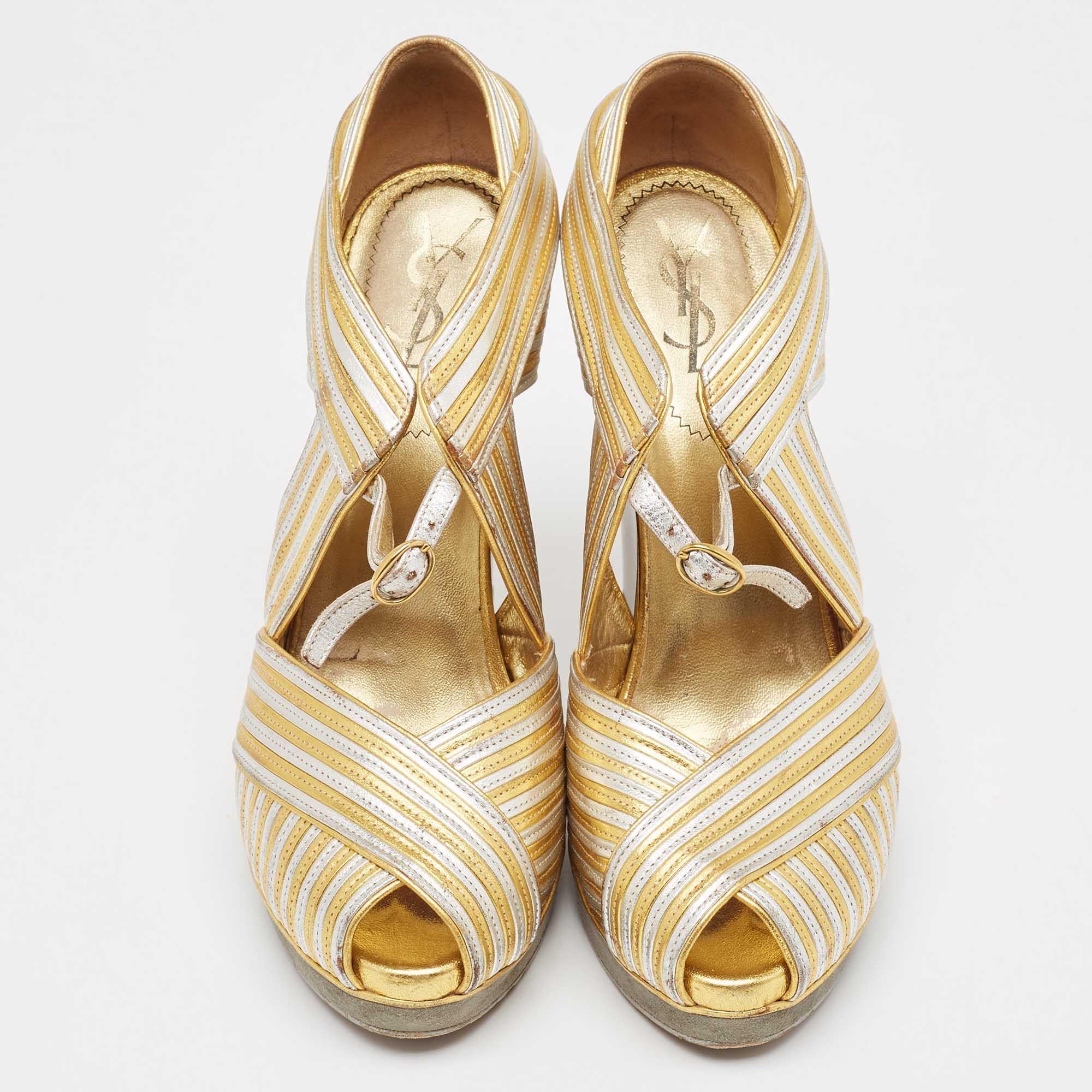 Brown Yves Saint Laurent Gold/Silver Leather and Suede Peep Toe Wedge Pumps 37.5 For Sale