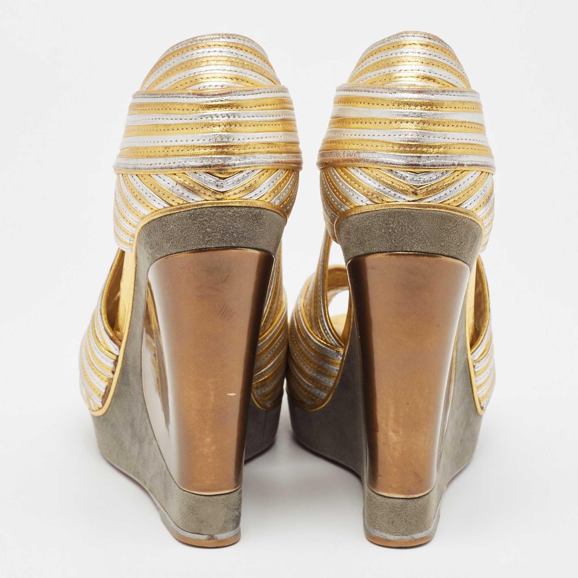Women's Yves Saint Laurent Gold/Silver Leather and Suede Peep Toe Wedge Pumps 37.5 For Sale