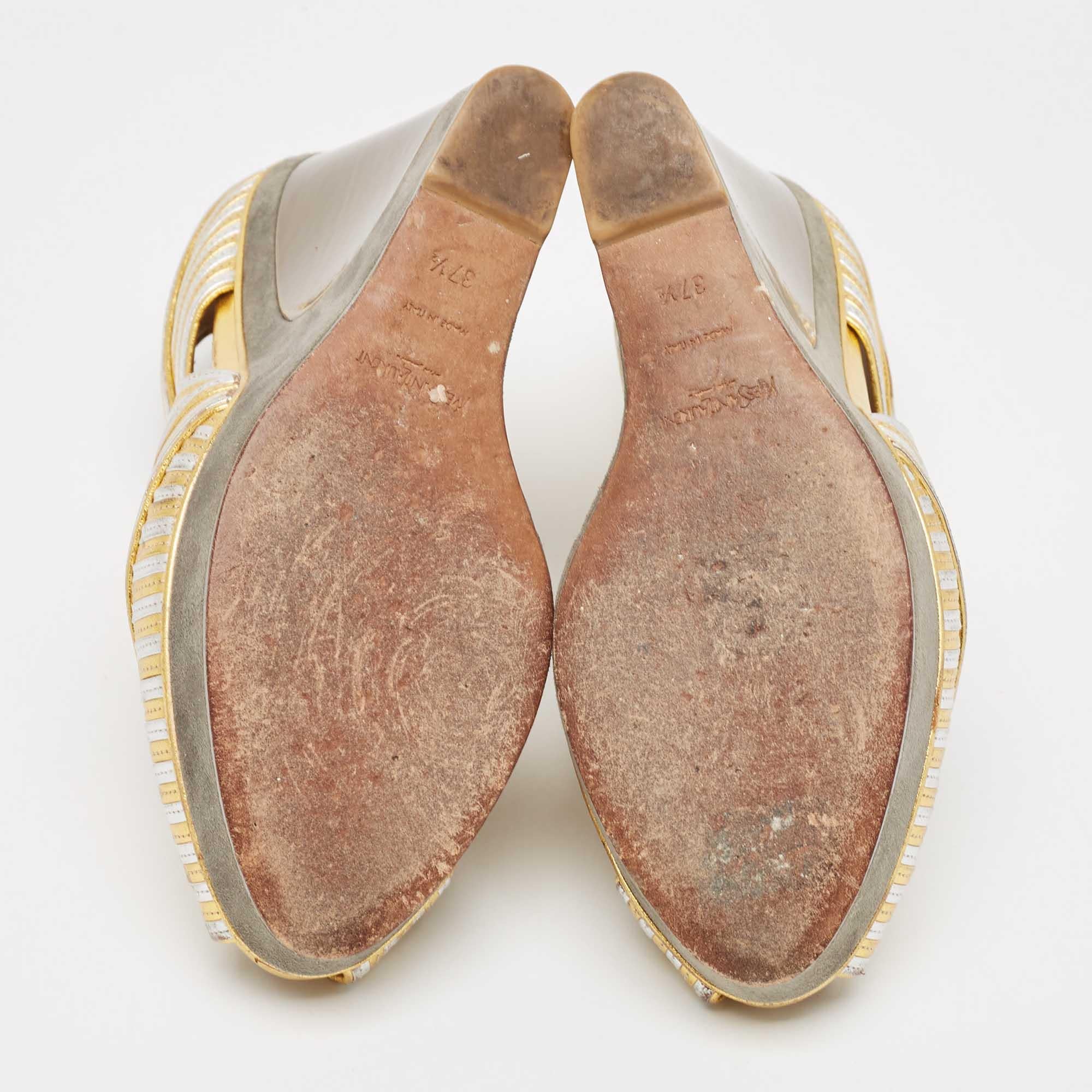 Yves Saint Laurent Gold/Silver Leather and Suede Peep Toe Wedge Pumps 37.5 For Sale 1