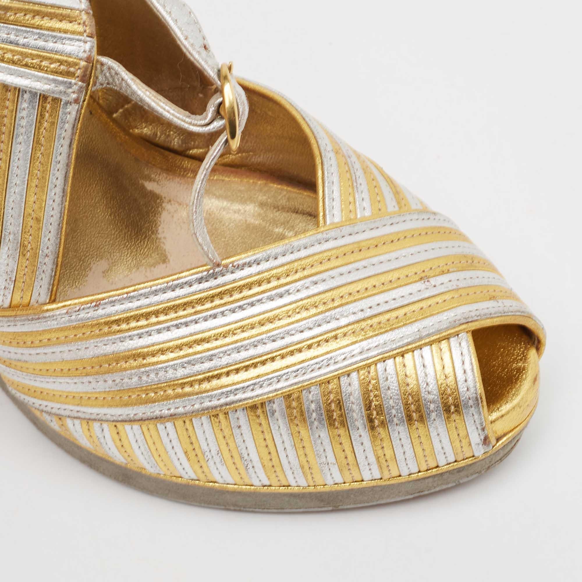 Yves Saint Laurent Gold/Silver Leather and Suede Peep Toe Wedge Pumps 37.5 For Sale 2