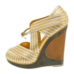 Yves Saint Laurent Gold/Silver Leather Peep Toe Wedge Sandals Size 38