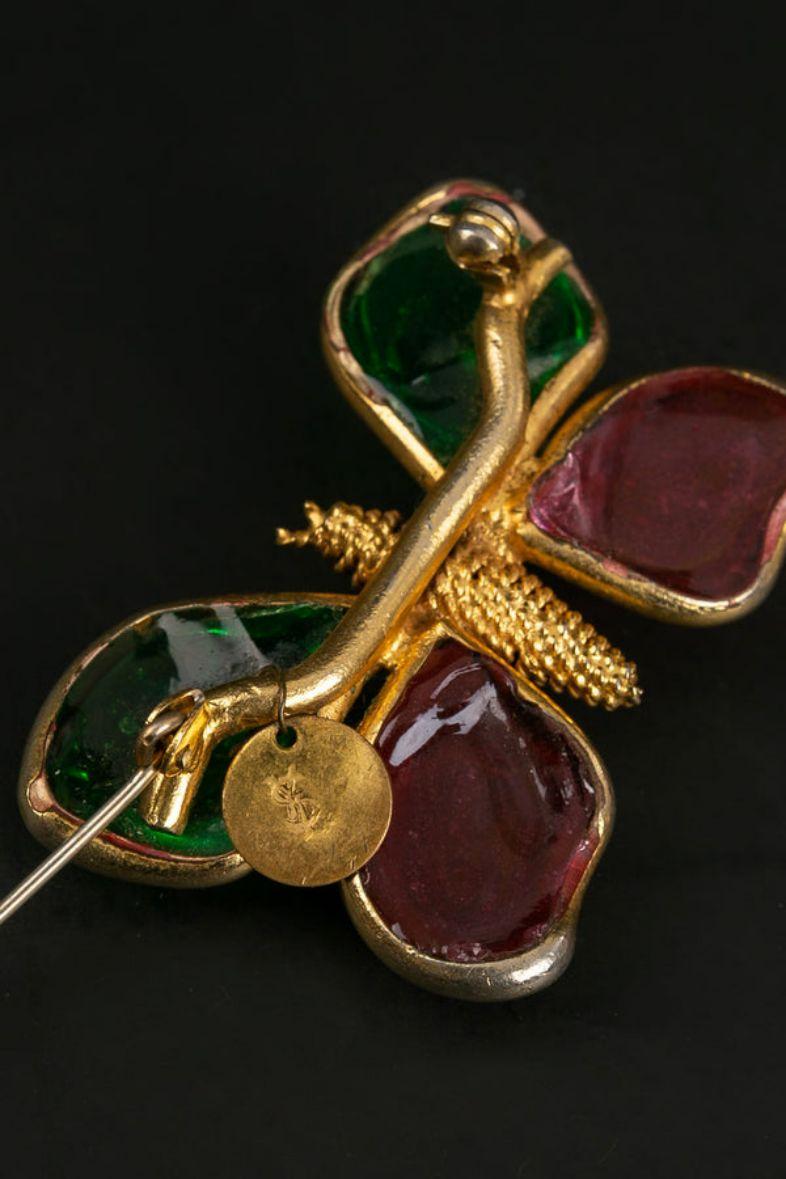 Yves Saint Laurent Golden Metal and Glass Paste Butterfly Brooch For Sale 1