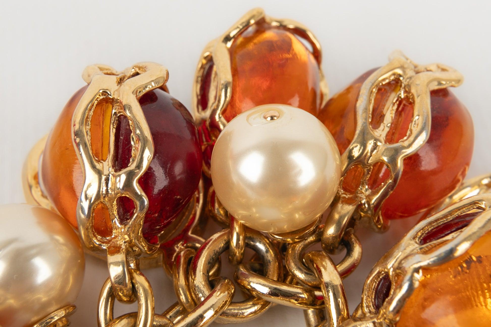 Women's Yves Saint Laurent Golden Metal Bracelet with Costume Pearls For Sale