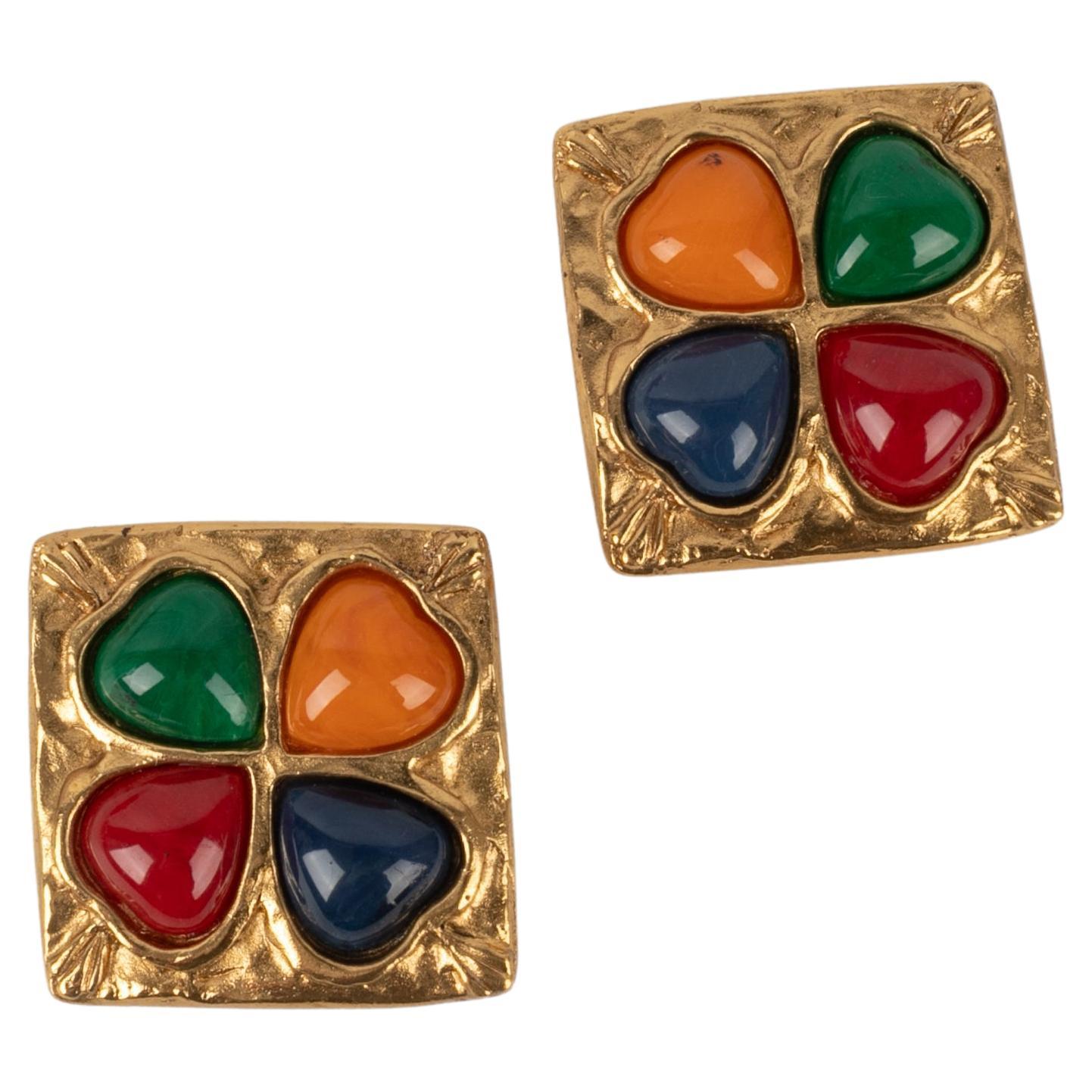 Yves Saint Laurent Golden Metal Clip-On Earrings w/ Glass Paste Cabochons, 1980s For Sale