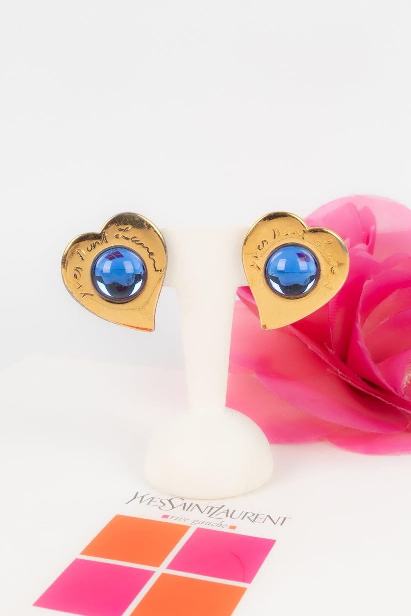 Yves Saint Laurent Golden Metal Clip-on Earrings with Blue Cabochons For Sale 3