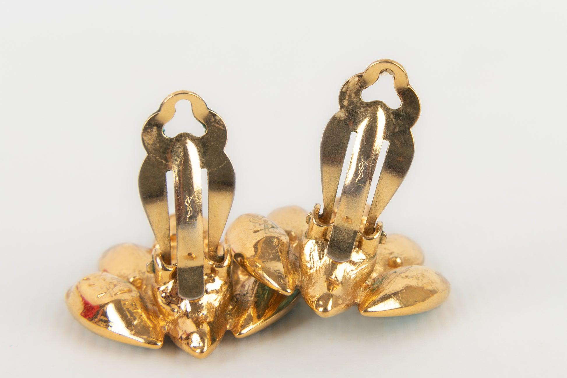 Yves Saint Laurent Golden Metal Clip-On Earrings with Blue Rhinestones For Sale 3