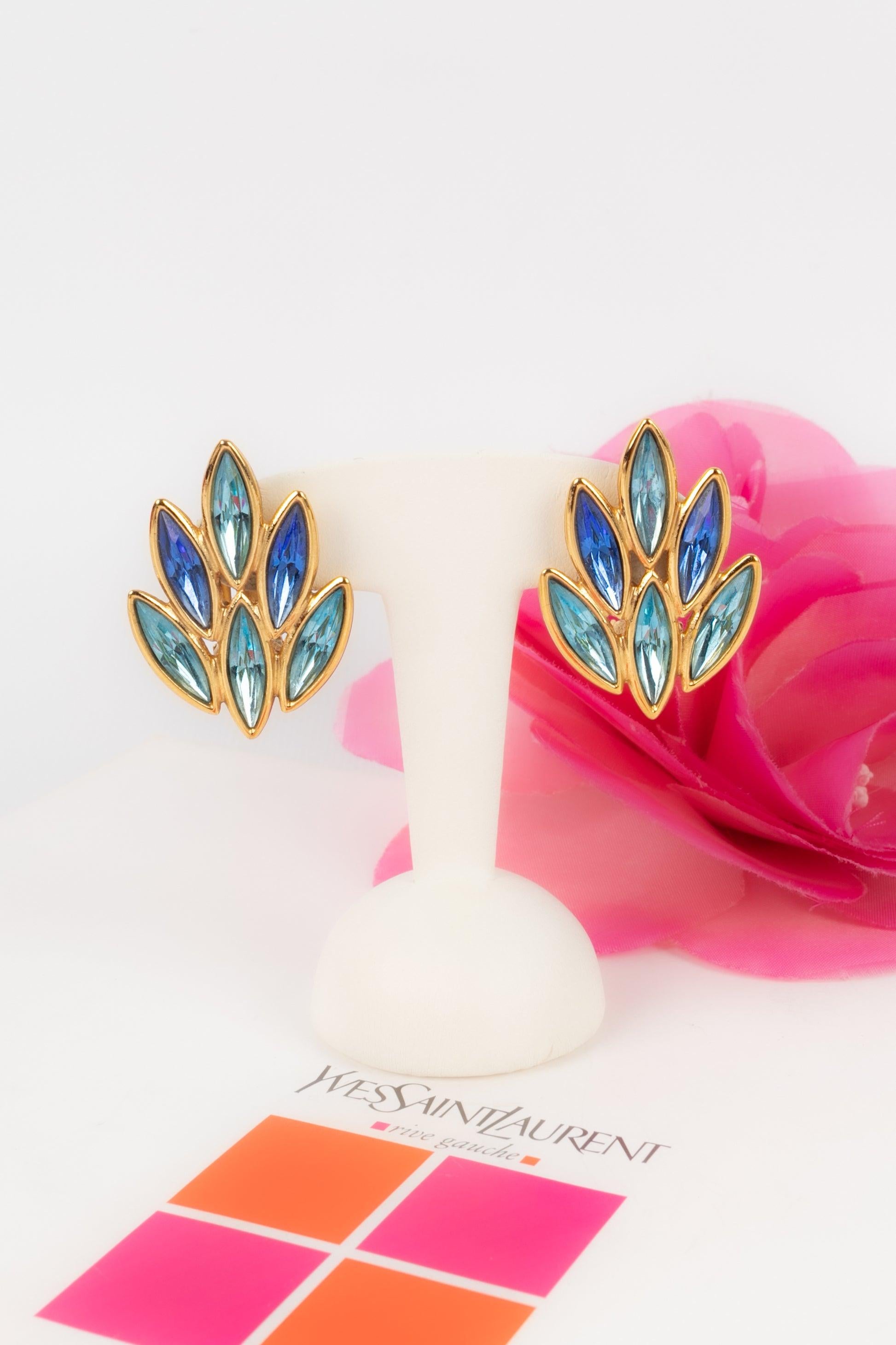 Yves Saint Laurent Golden Metal Clip-On Earrings with Blue Rhinestones For Sale 4