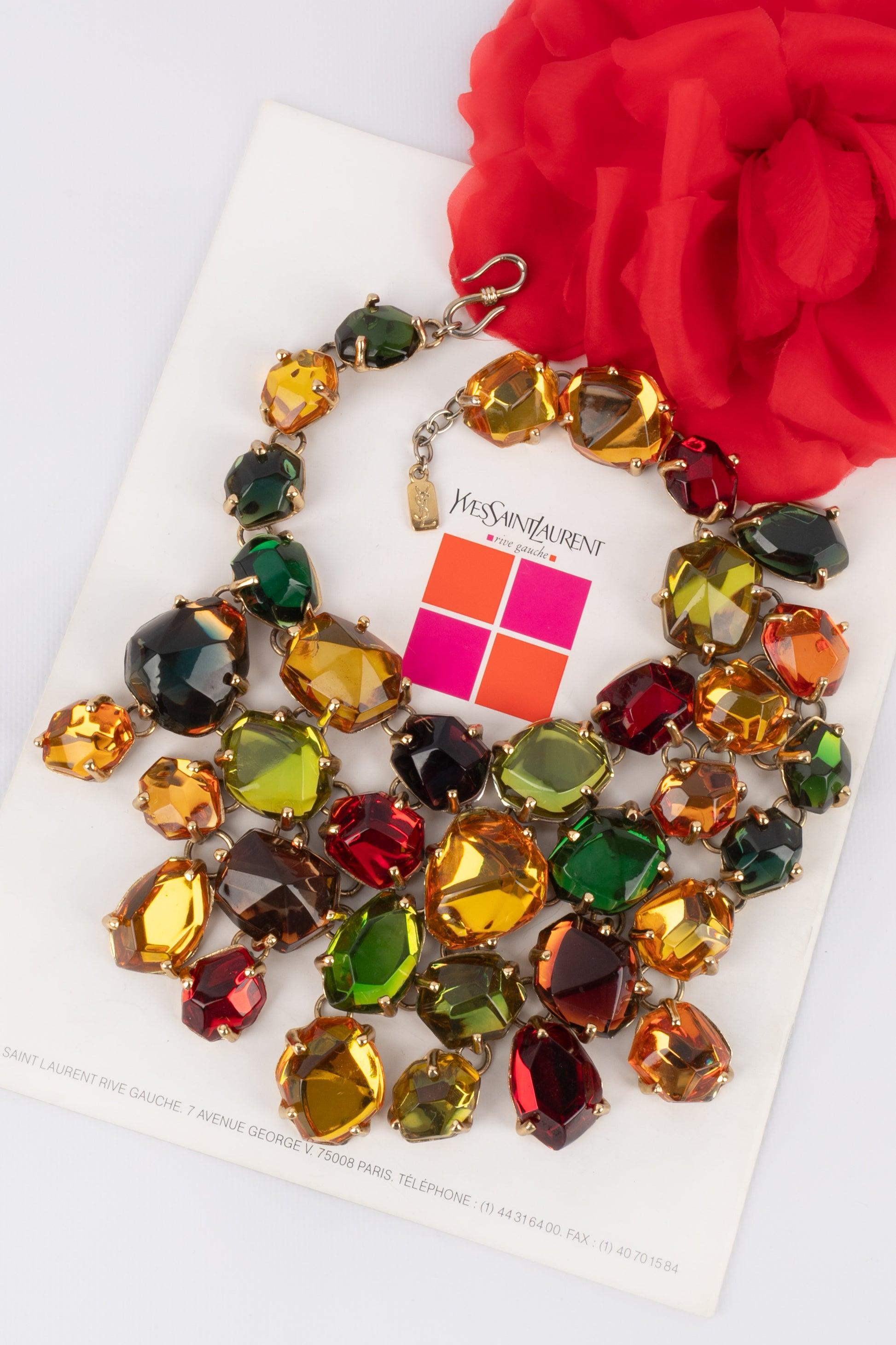 Yves Saint Laurent Golden Metal Dickey Necklace with Colorful Resin Cabochons For Sale 5