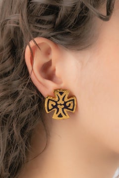 Yves Saint Laurent Golden Metal Earrings with Multicolored Enamel