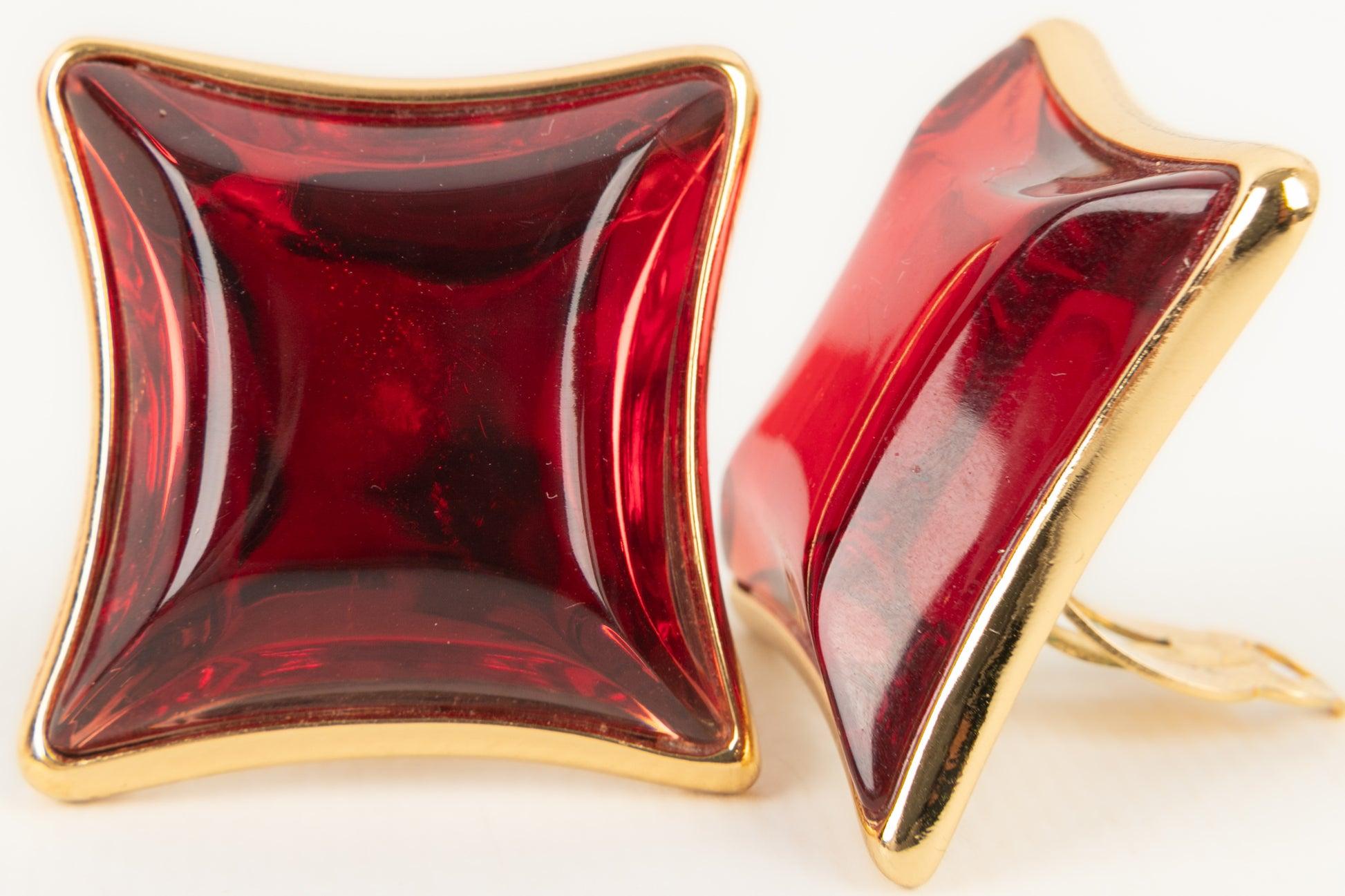 Women's Yves Saint Laurent Golden Metal Earrings with Red Resin For Sale