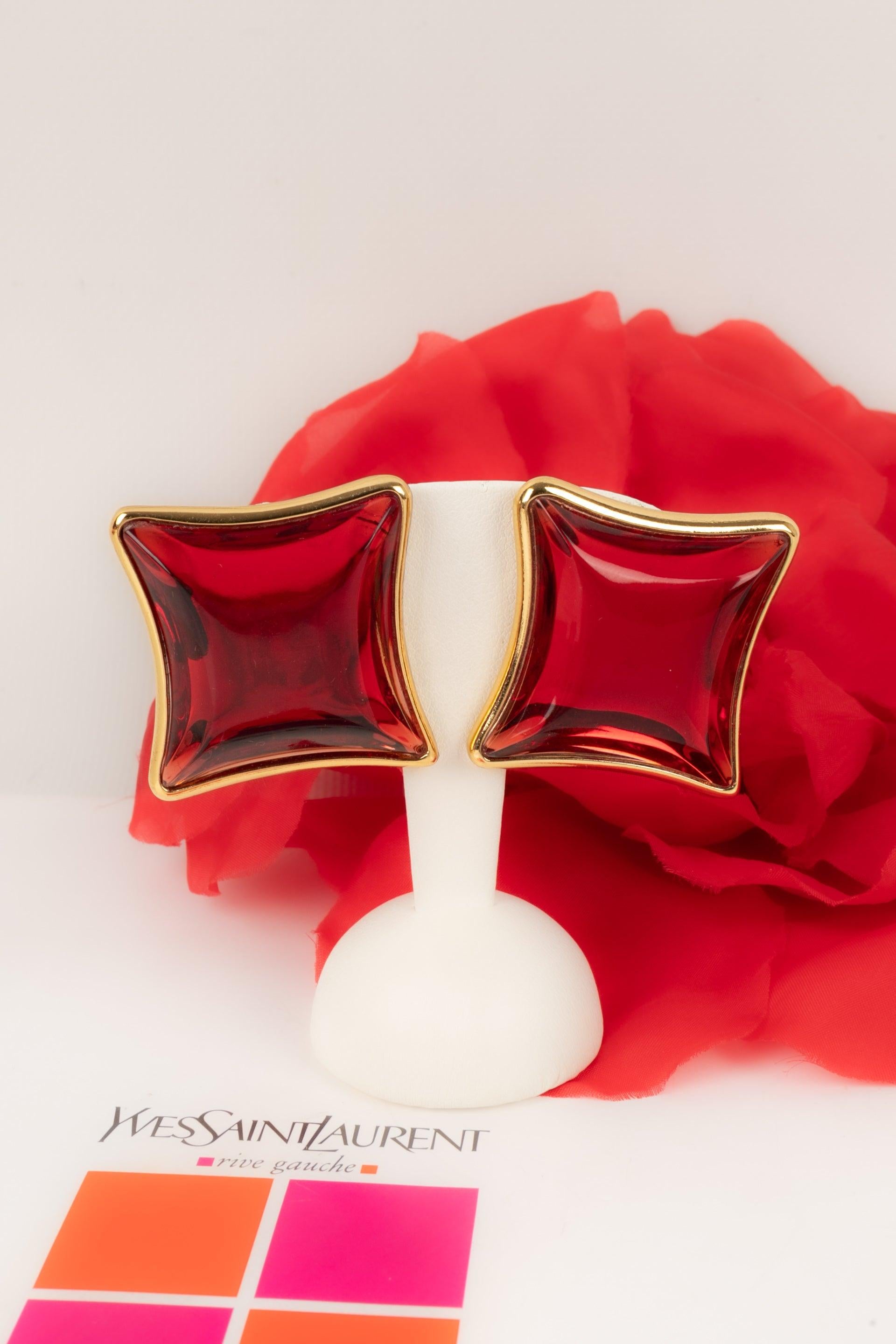 Yves Saint Laurent Golden Metal Earrings with Red Resin For Sale 4