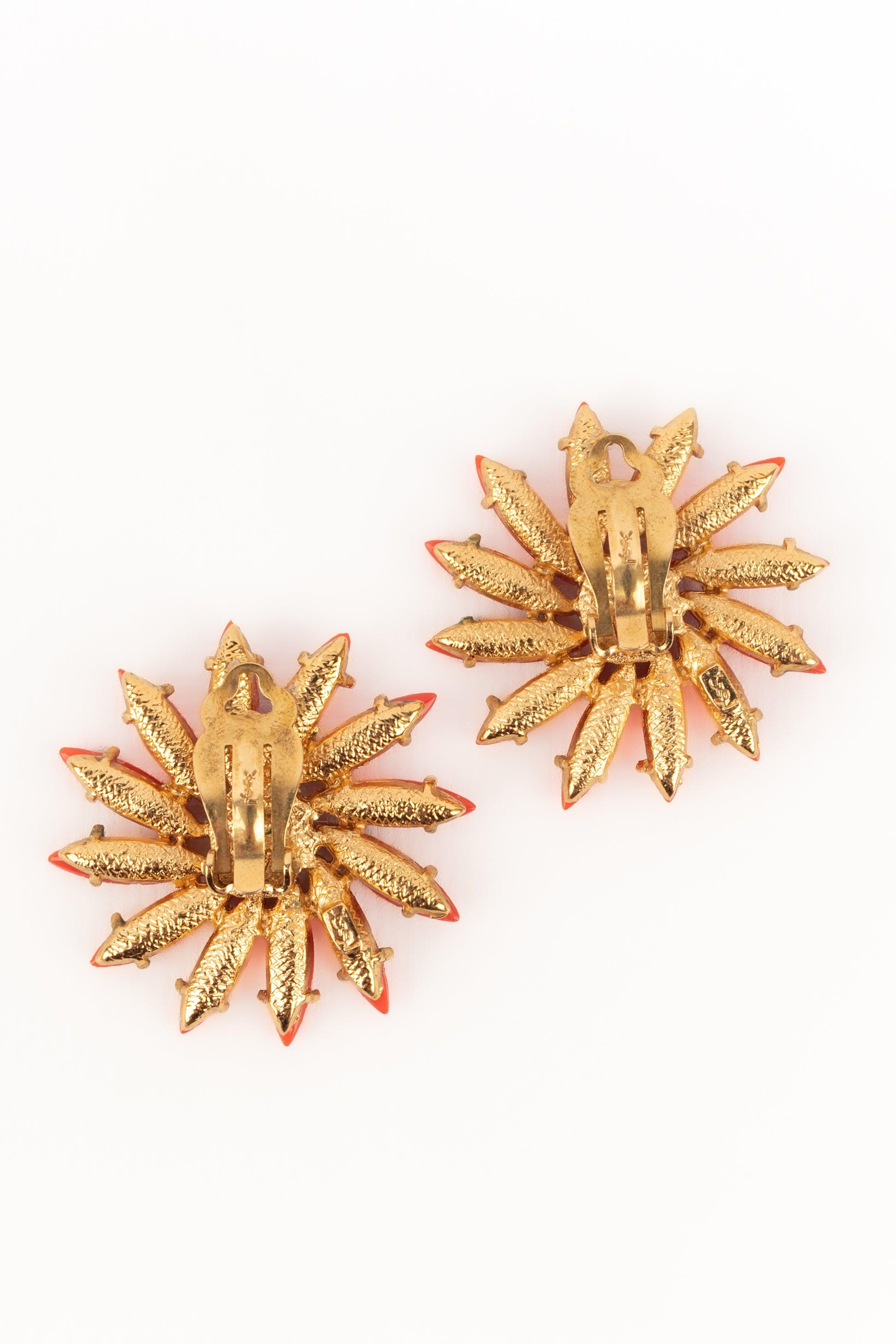 Women's Yves Saint Laurent Golden Metal Earrings with Red Rhinestones For Sale