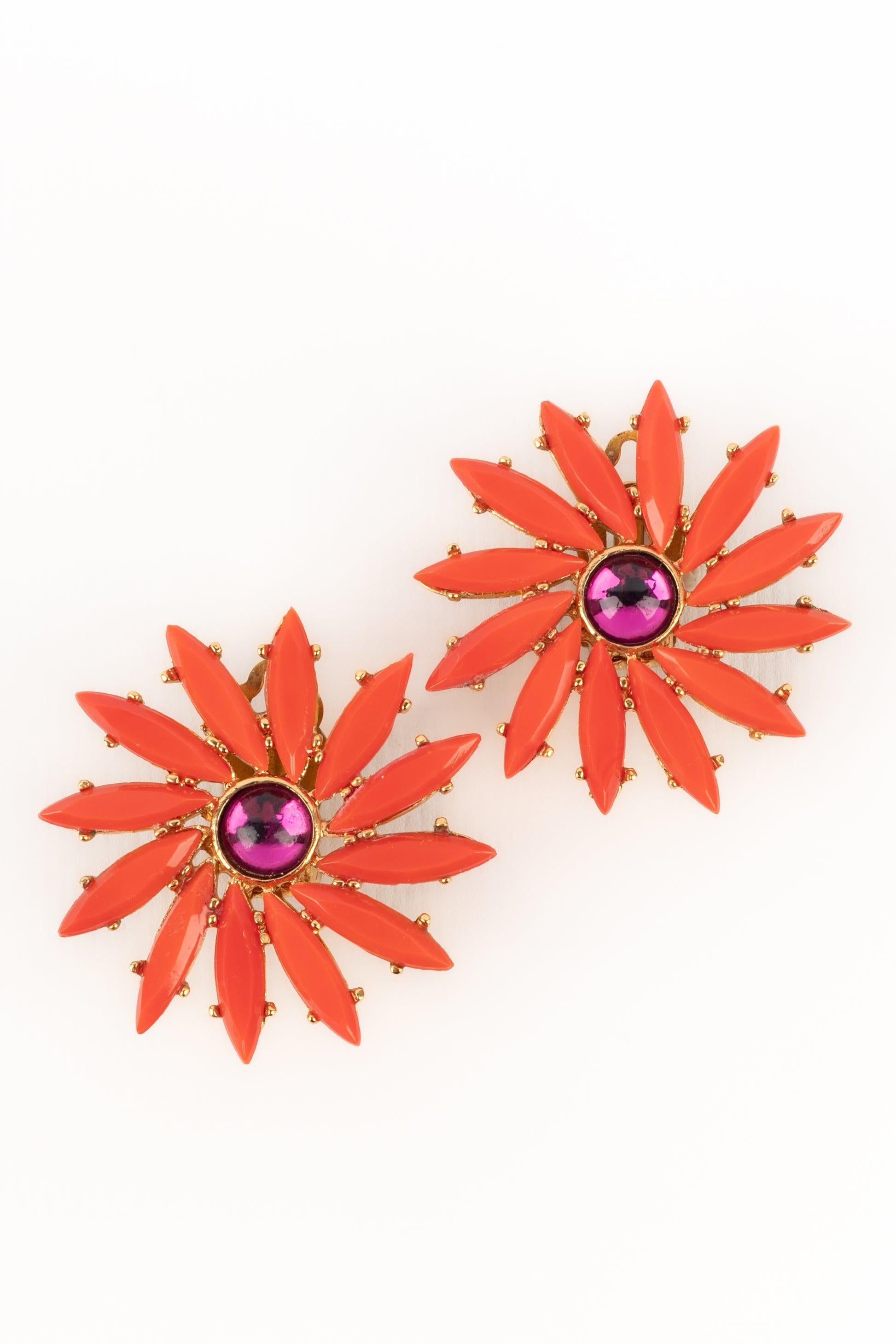 Yves Saint Laurent Golden Metal Earrings with Red Rhinestones For Sale