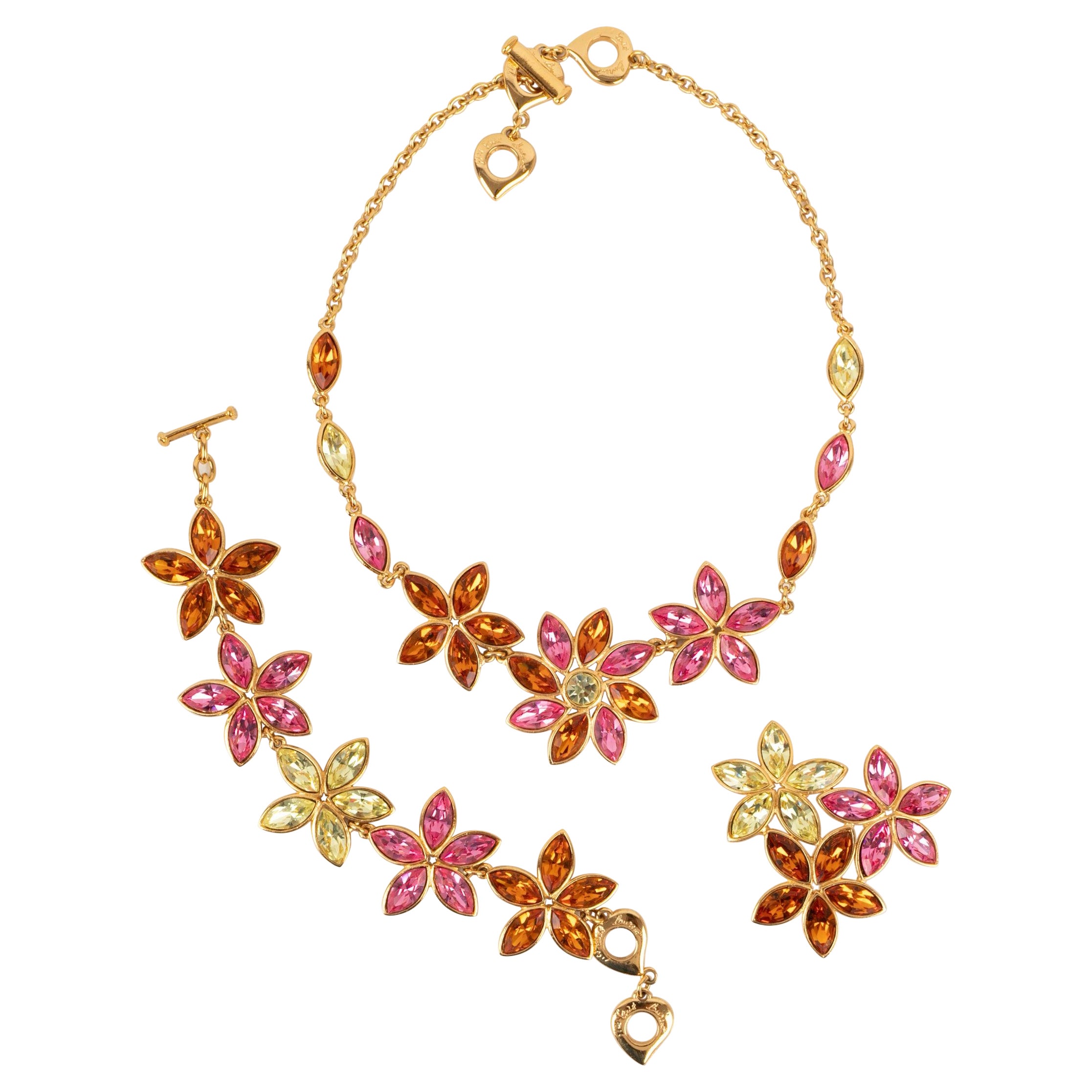 Ensemble de bijoux en métal doré Yves Saint Laurent avec strass colorés