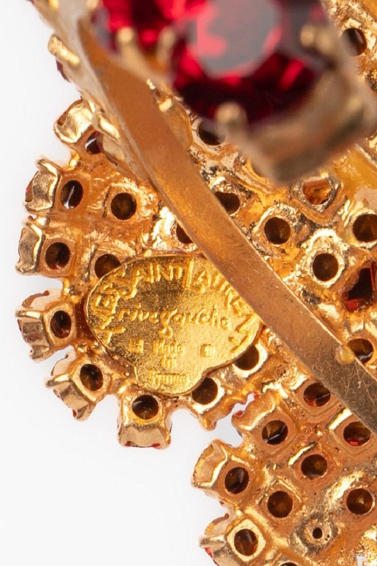 Bracelet Manchette Vintage Années 80 Métal Doré Avec Strass Orange Et Fleurs