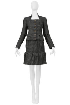 Yves Saint Laurent Gray Mini Checkered Print Jacket And Skirt Suit Ensemble