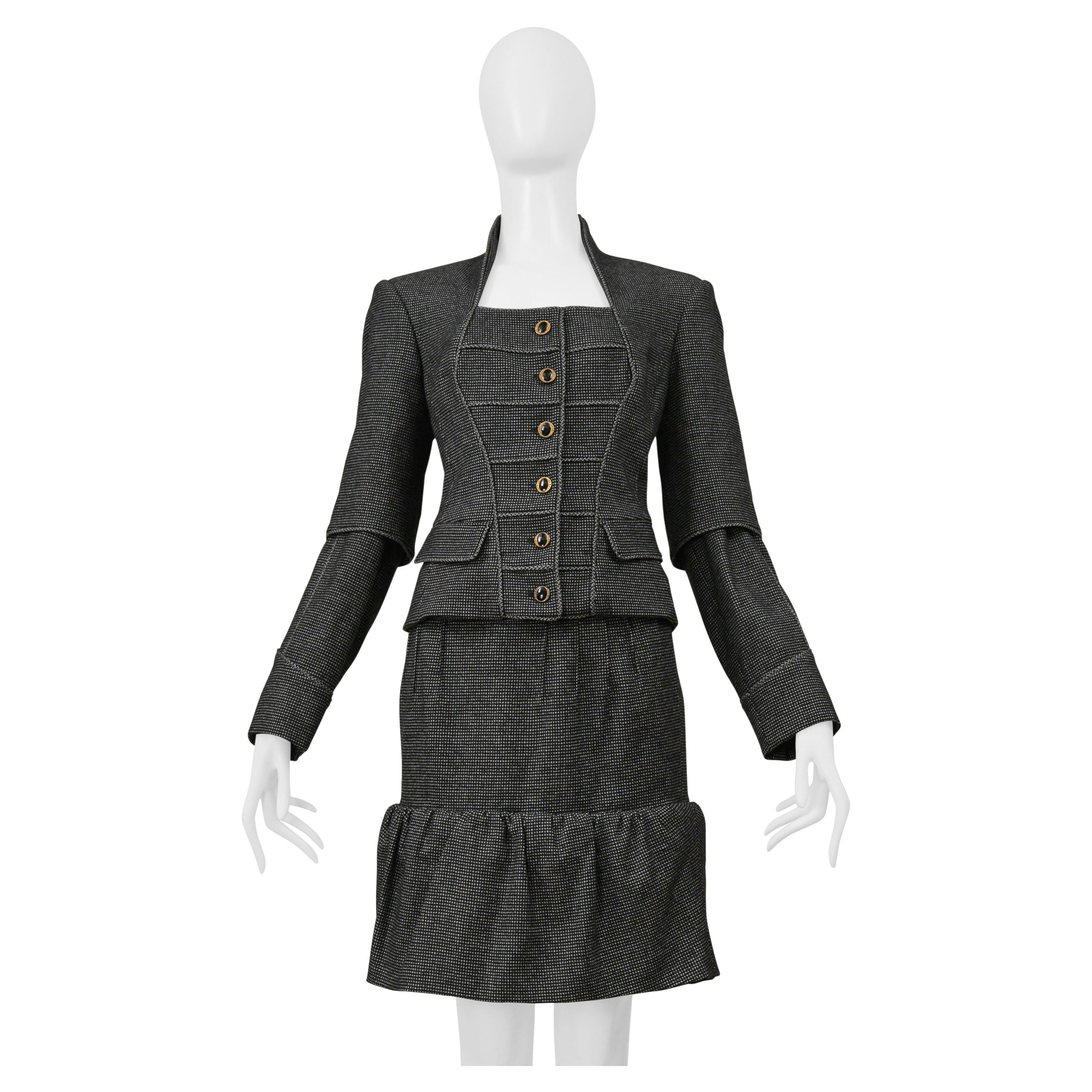 Yves Saint Laurent Gray Mini Checkered Print Jacket And Skirt Suit Ensemble in vendita