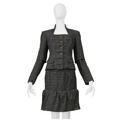 Yves Saint Laurent Gray Mini Checkered Print Jacket And Skirt Suit Ensemble