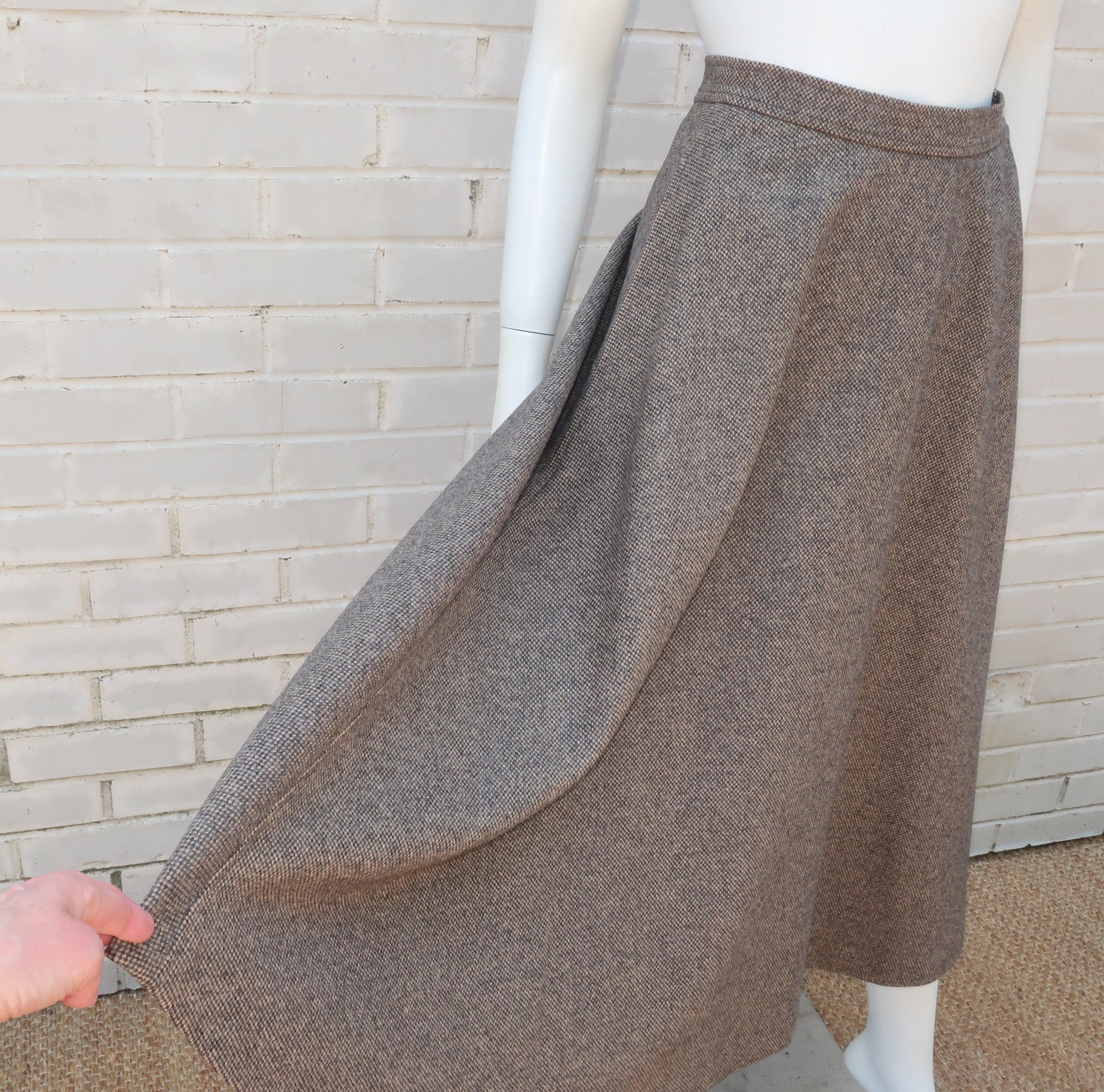 Yves Saint Laurent Gray & Tan Tweed Wool Skirt, 1970's 1