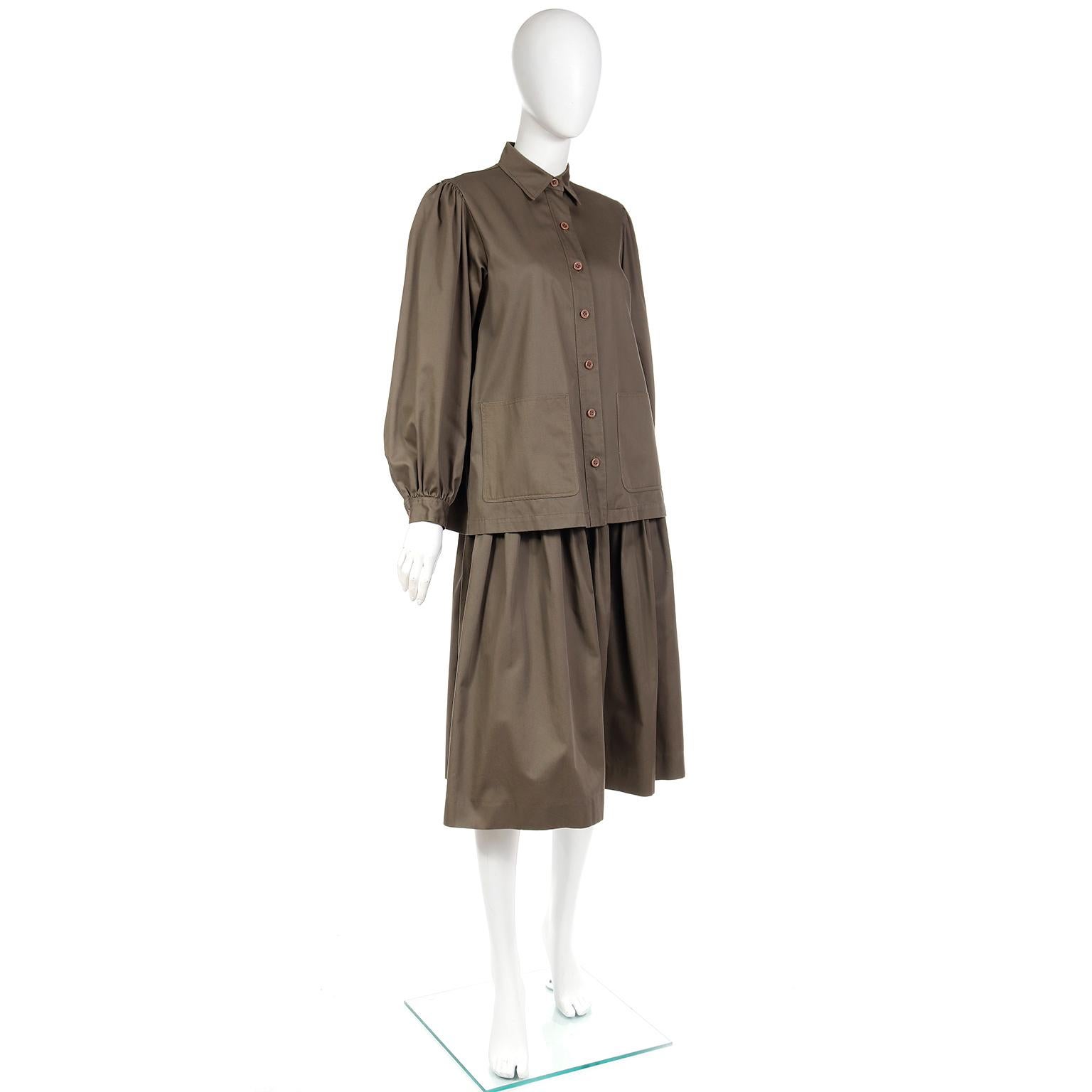 Women's Yves Saint Laurent Green 2 Piece Jacket Style Oversized Blouse & Skirt Outfit