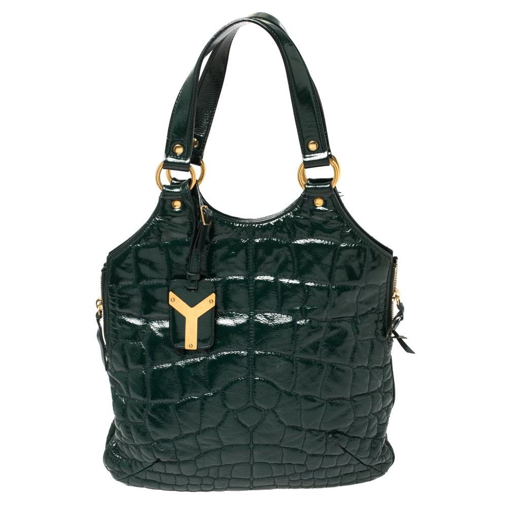 Auth YVES SAINT LAURENT YSL Rive Gauche Gold Croc Patent Leather Tote Bag