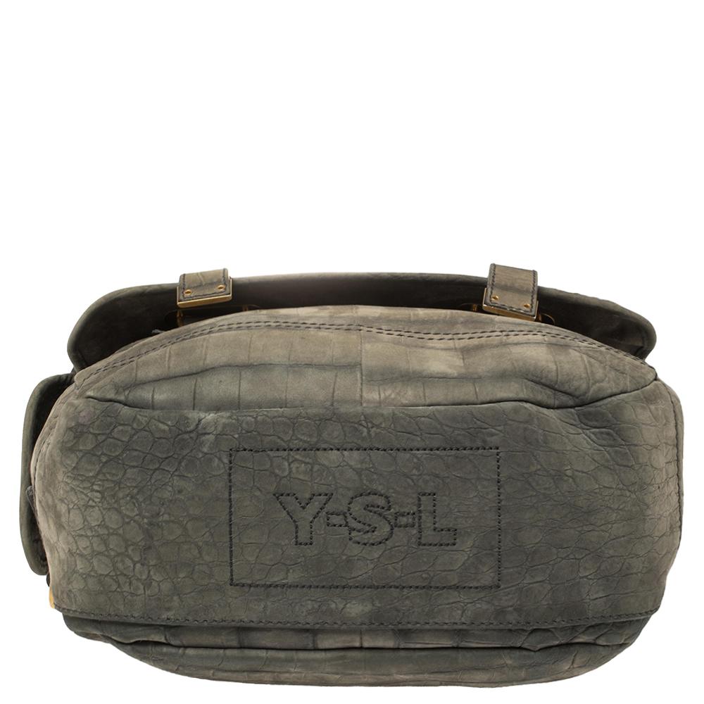 Yves Saint Laurent Green Croc Embossed Suede Besace Shoulder Bag 3