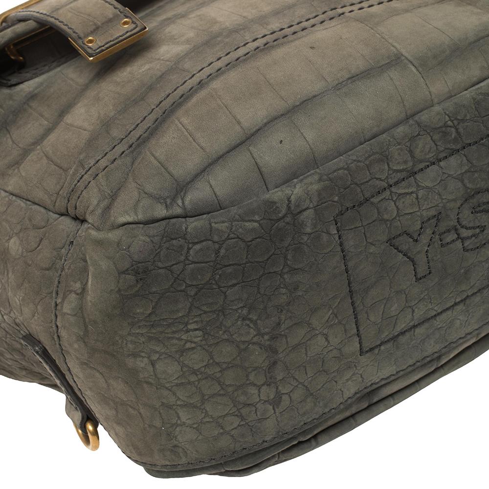 Gray Yves Saint Laurent Green Croc Embossed Suede Besace Shoulder Bag