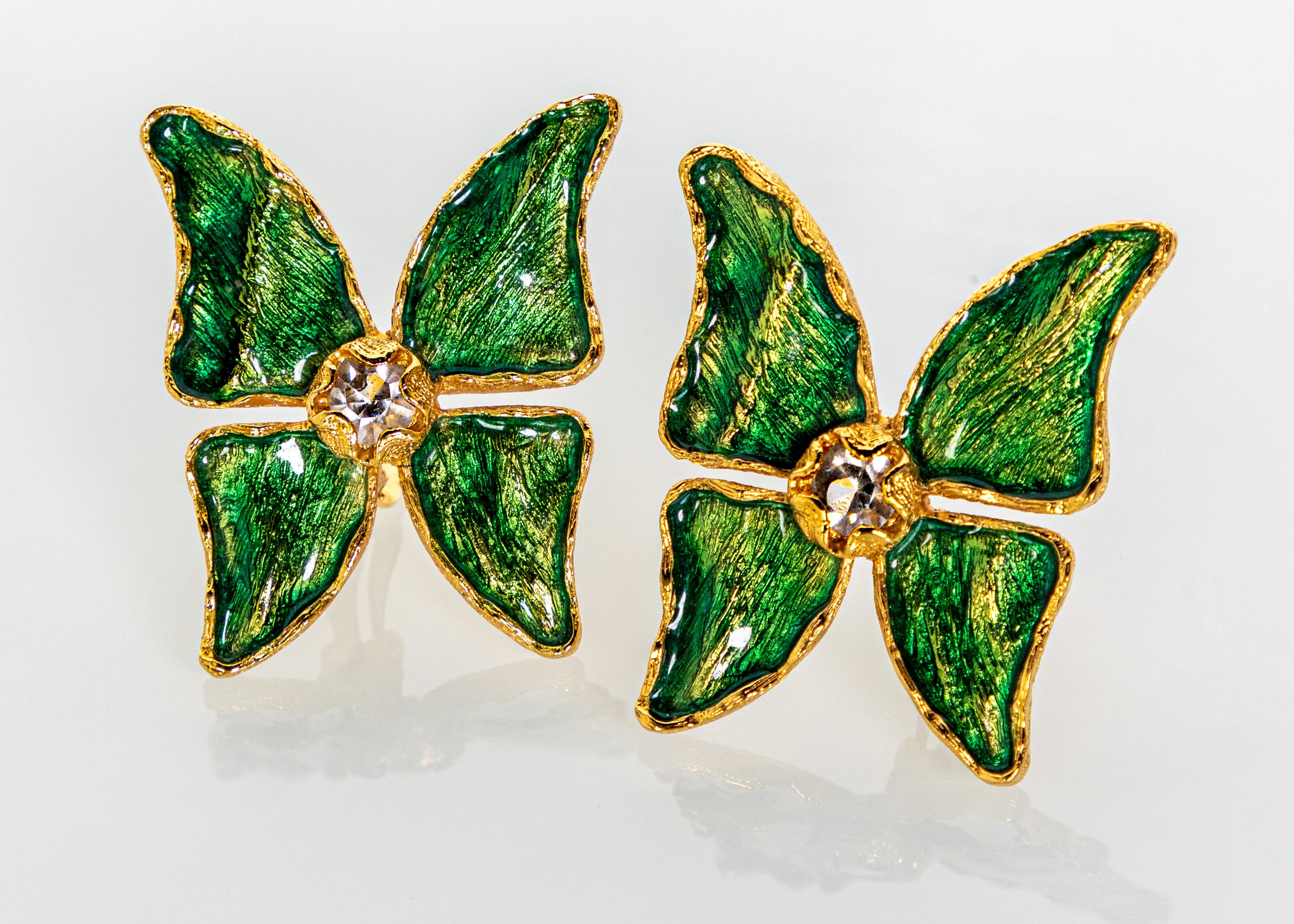 Modern Yves Saint Laurent  Green Enamel Crystal Butterfly Earrings YSL, 1993