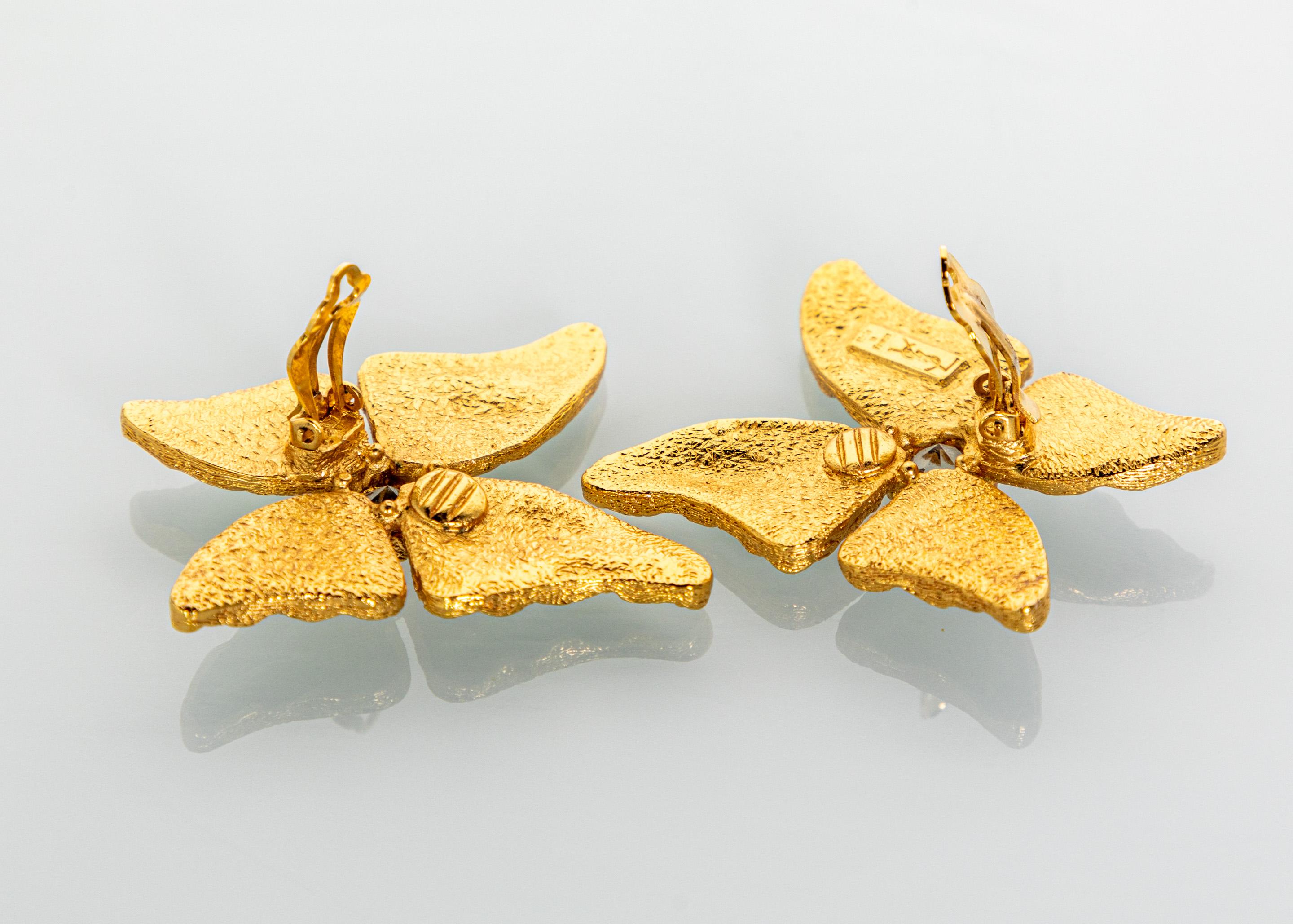 Brilliant Cut Yves Saint Laurent  Green Enamel Crystal Butterfly Earrings YSL, 1993