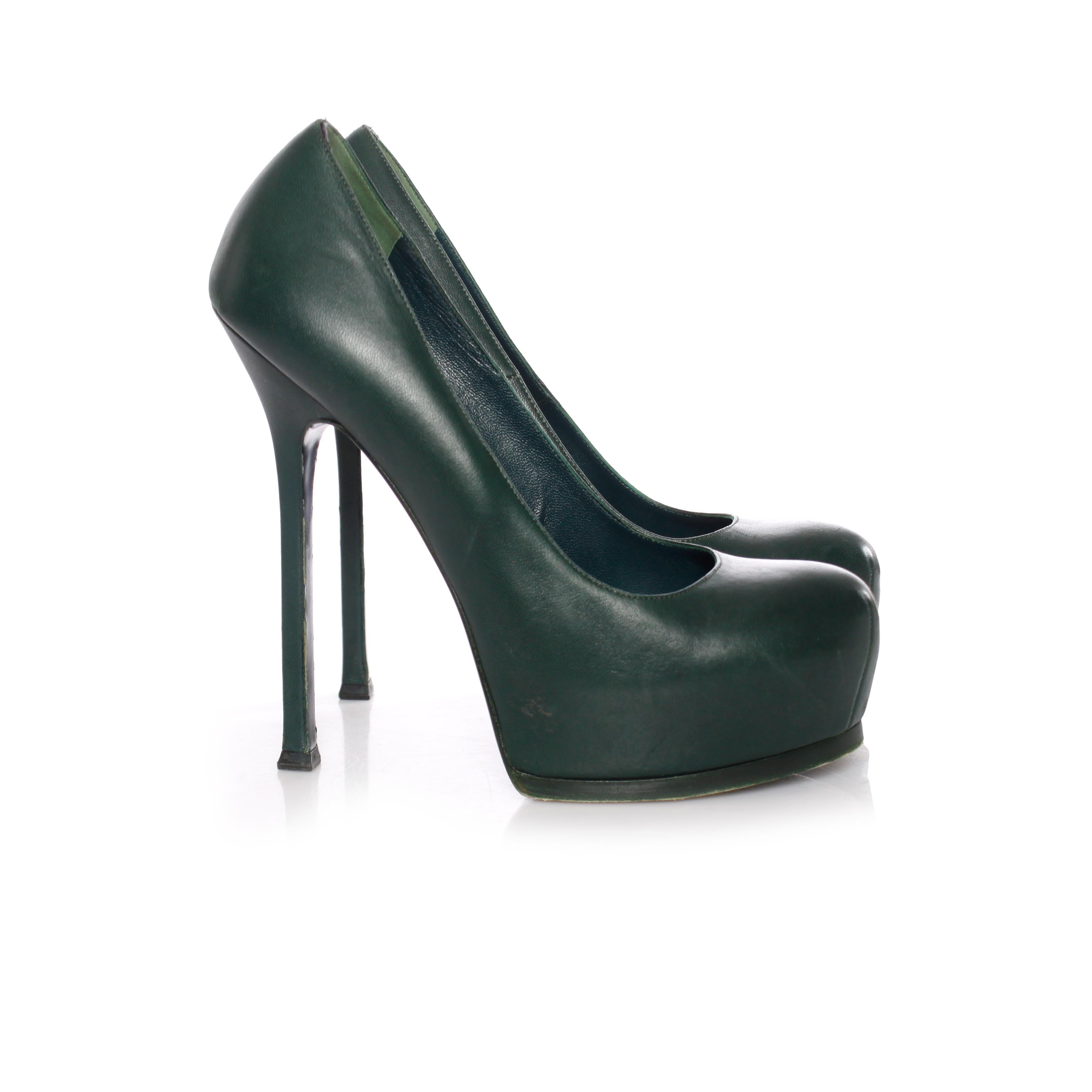 Black Yves Saint Laurent, Green leather Tribtoo platform pumps. For Sale