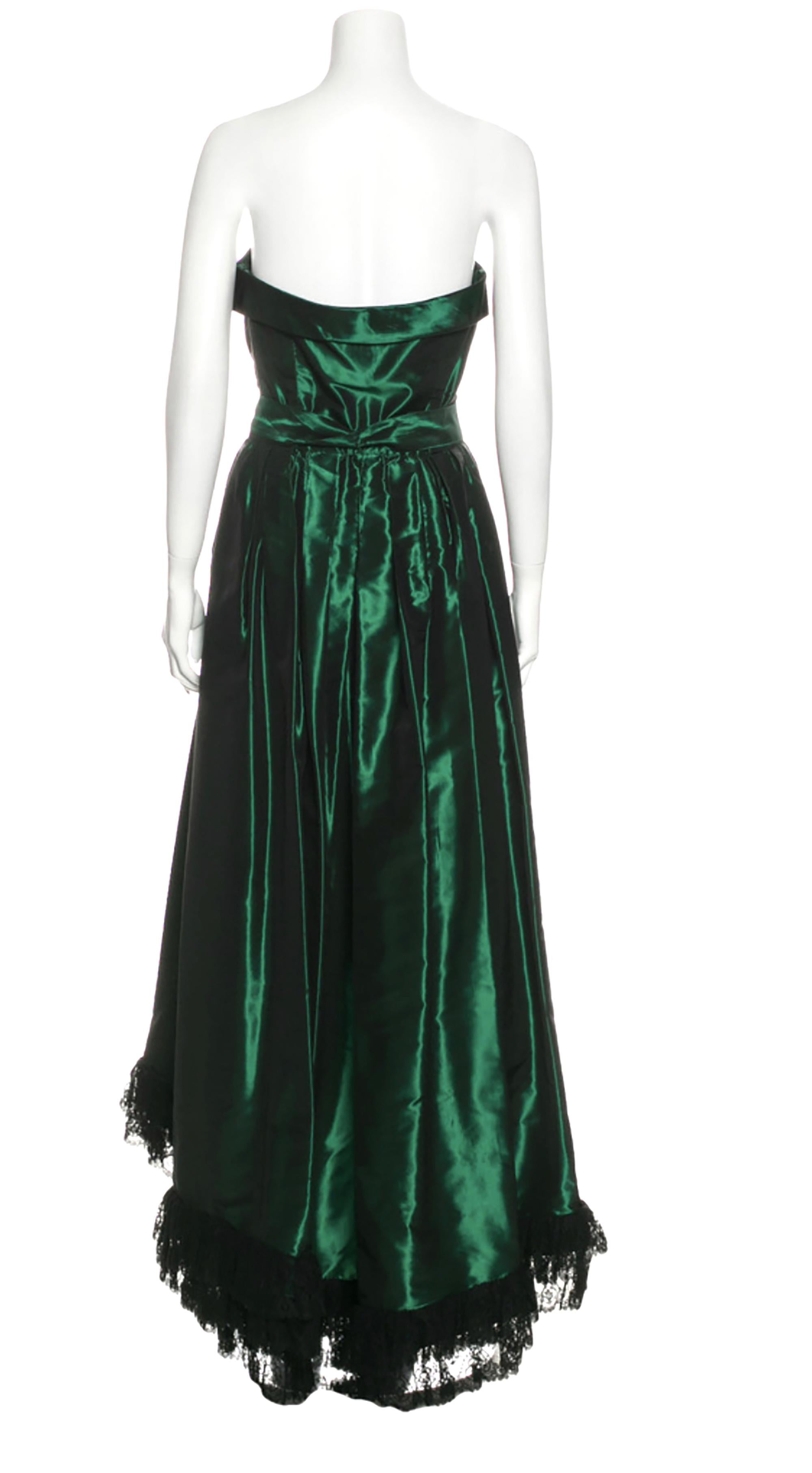 Black Yves Saint Laurent Green Taffeta Strapless Gown with Lace trim and Large Wrap