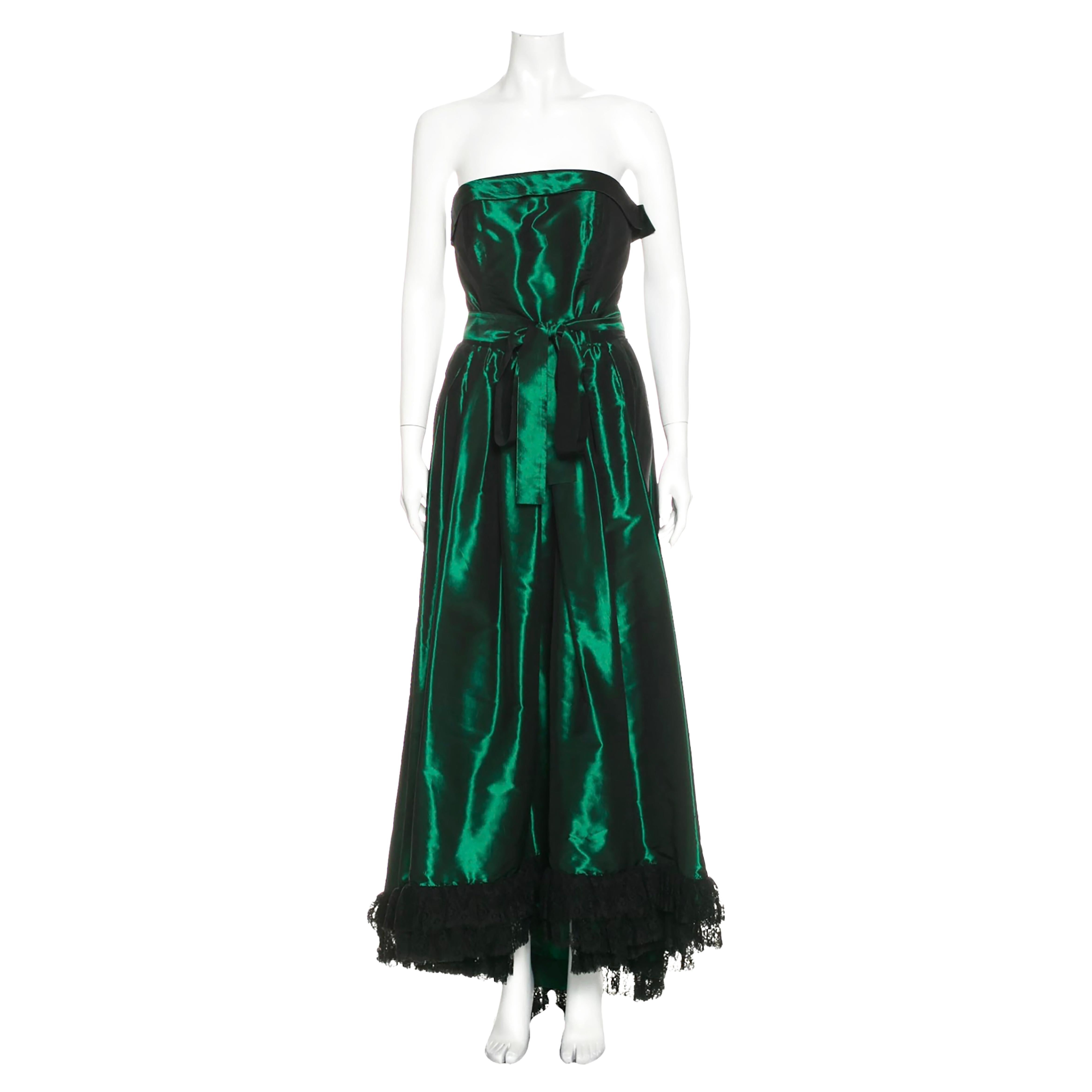 Yves Saint Laurent Green Taffeta Strapless Gown with Lace trim and Large Wrap