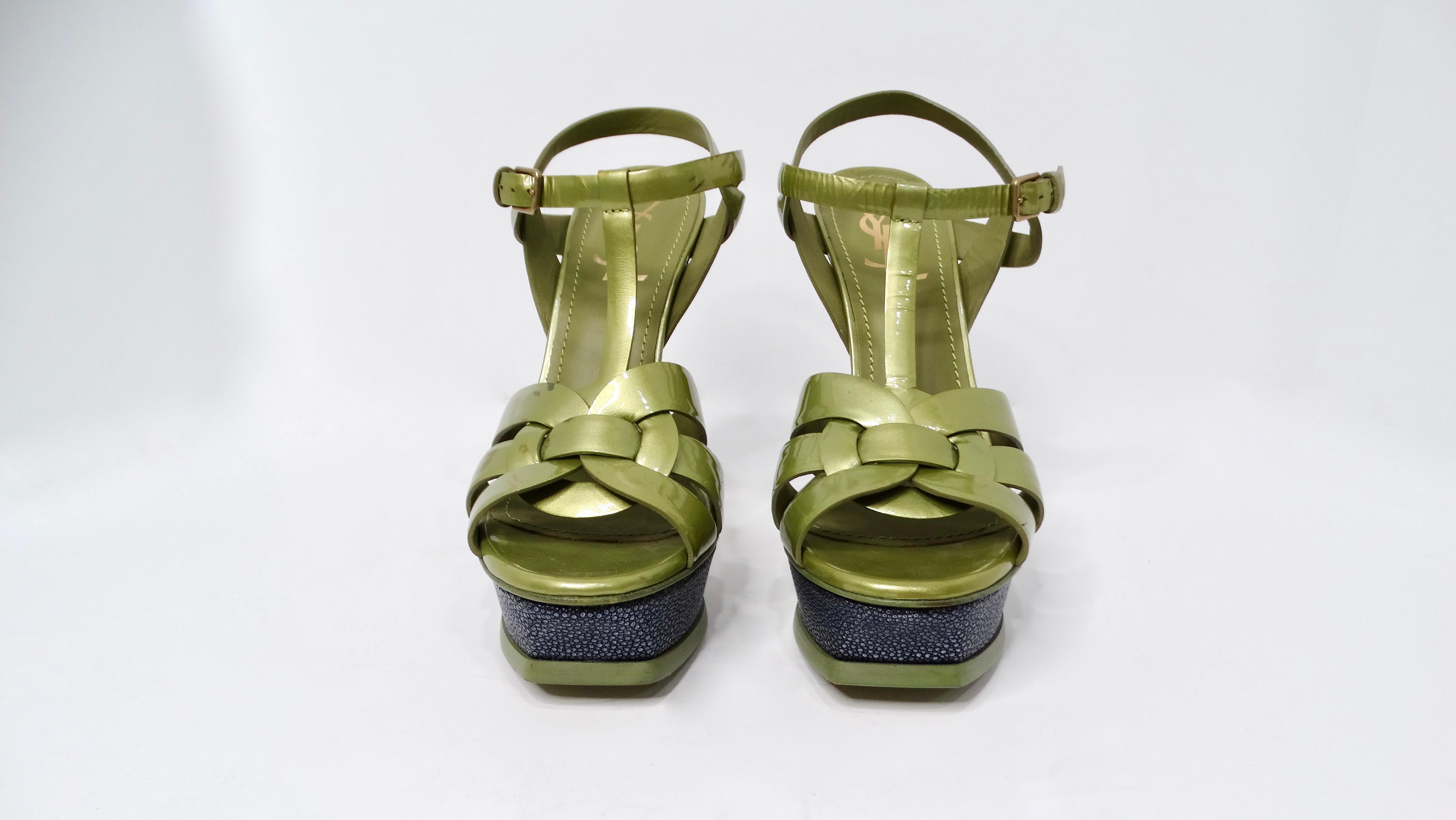 Brown Yves Saint Laurent Green Tribute Patent Leather Platform High Heels For Sale