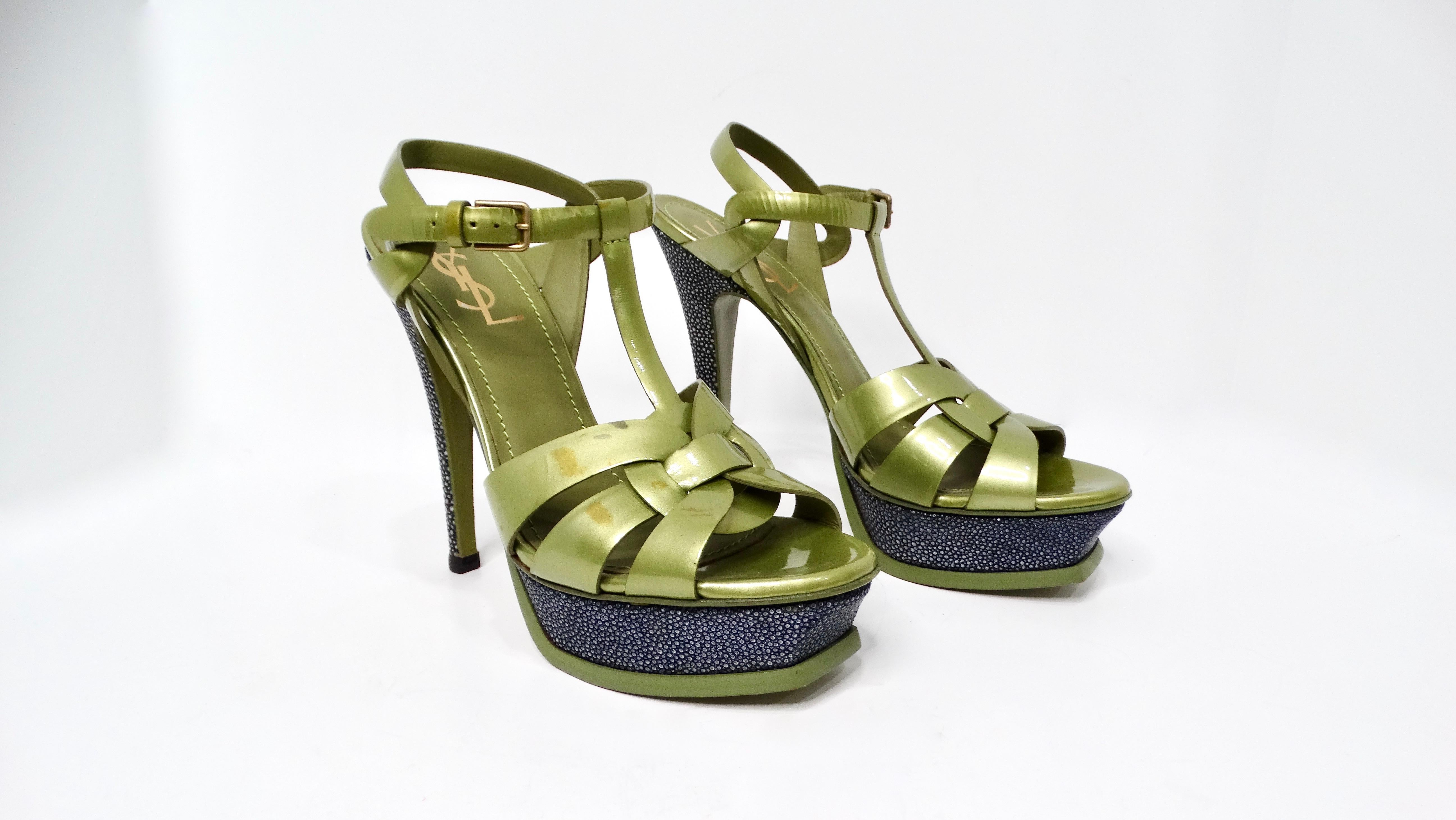 Women's Yves Saint Laurent Green Tribute Patent Leather Platform High Heels For Sale