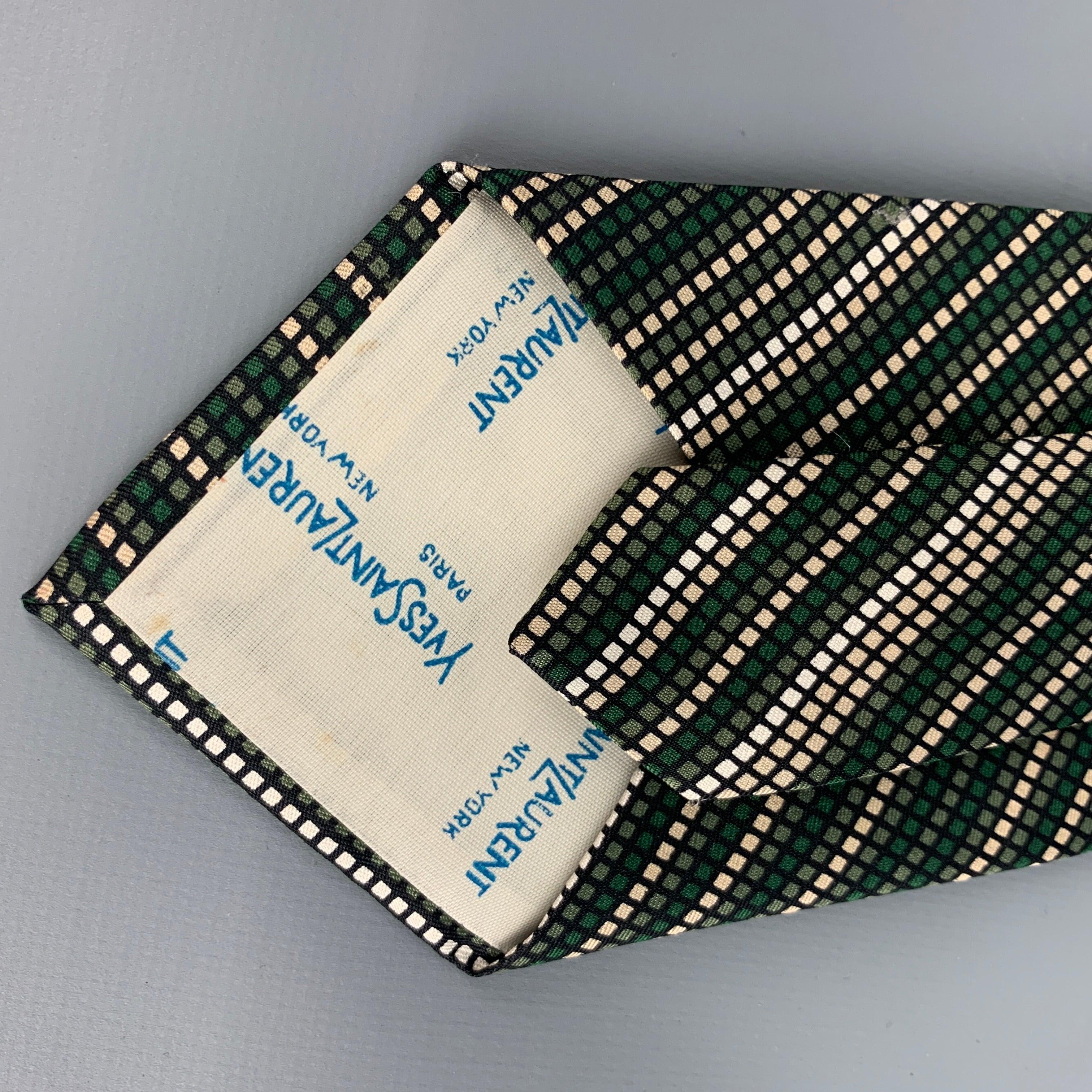 YVES SAINT LAURENT Green White Checkered Silk Tie In Good Condition In San Francisco, CA
