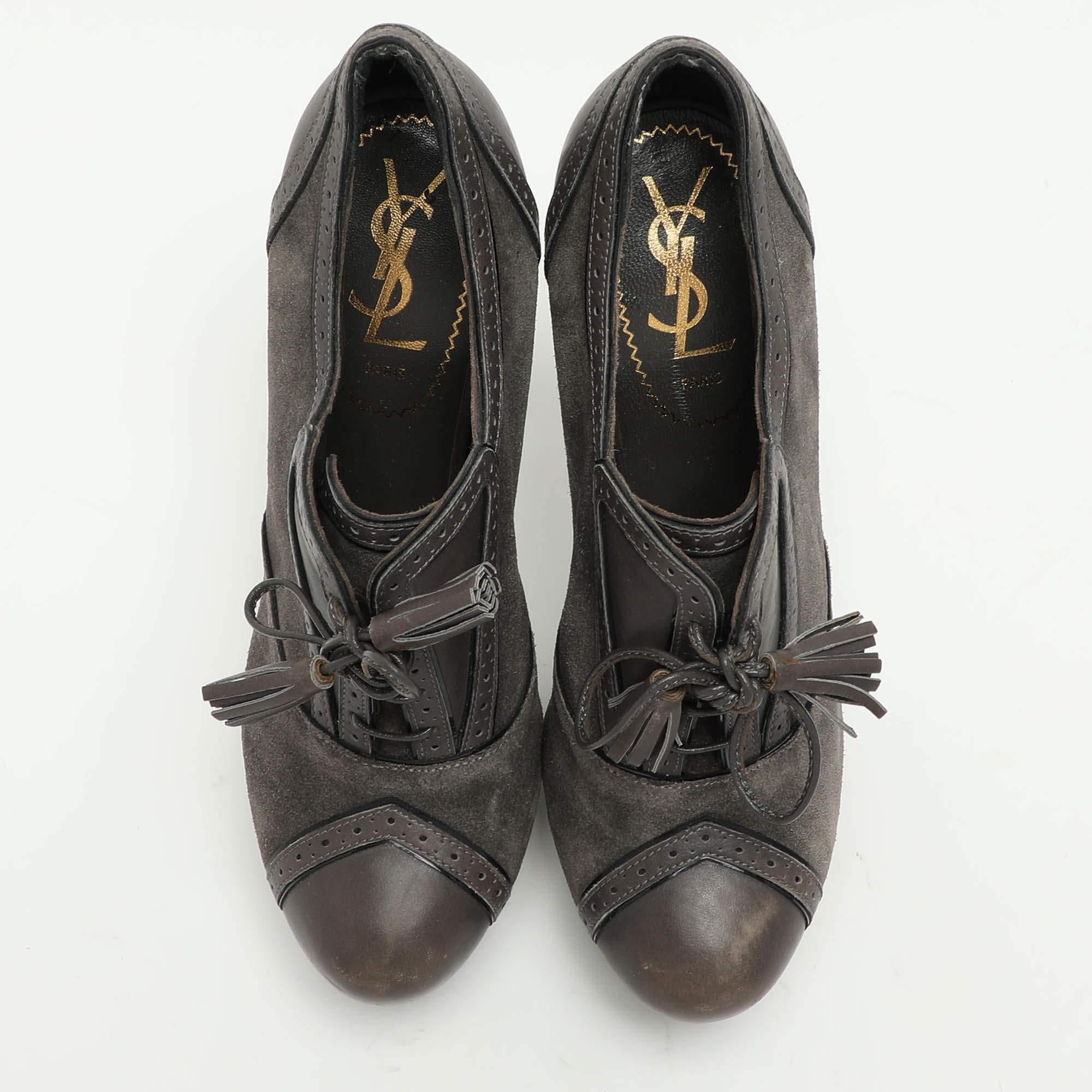 Black Yves Saint Laurent Grey Brogue Leather and Suede Janis Booties Size 37.5 For Sale