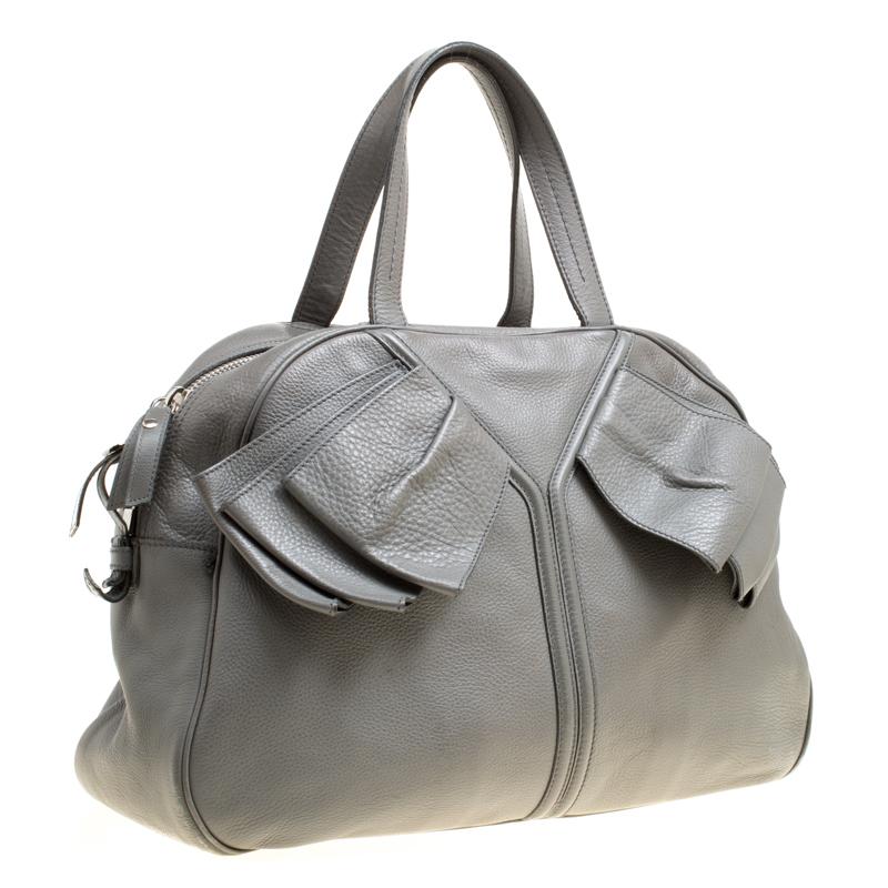 Yves Saint Laurent Grey Leather Large Obi Bowler Bag For Sale 2