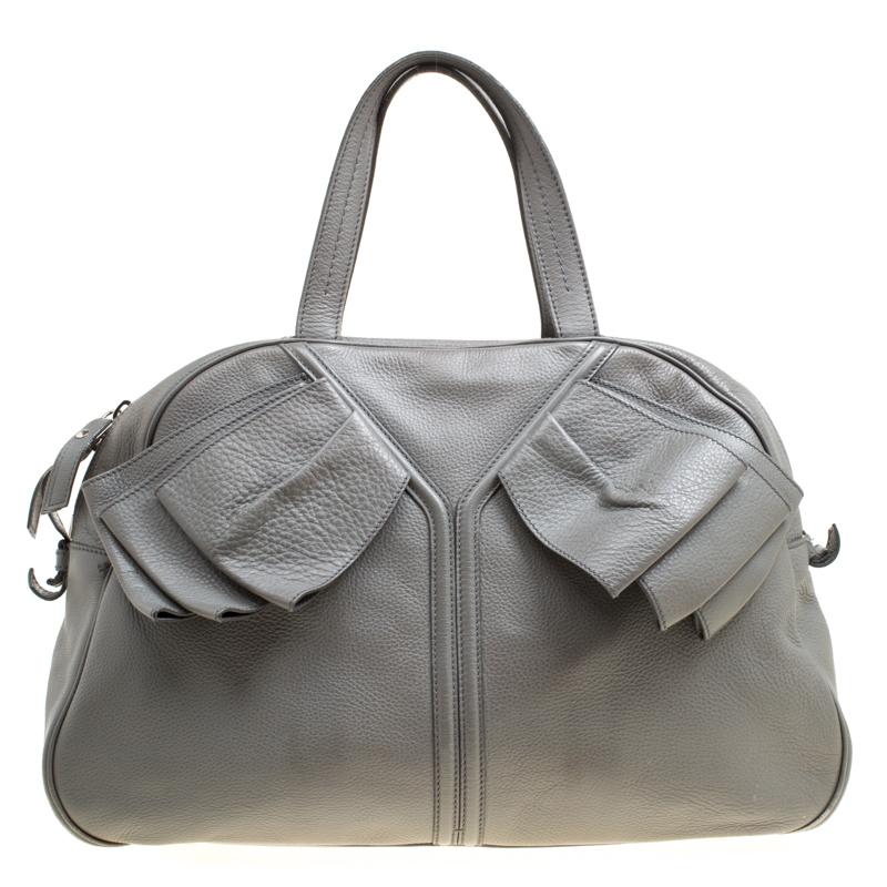 Yves Saint Laurent Grey Leather Large Obi Bowler Bag For Sale 3