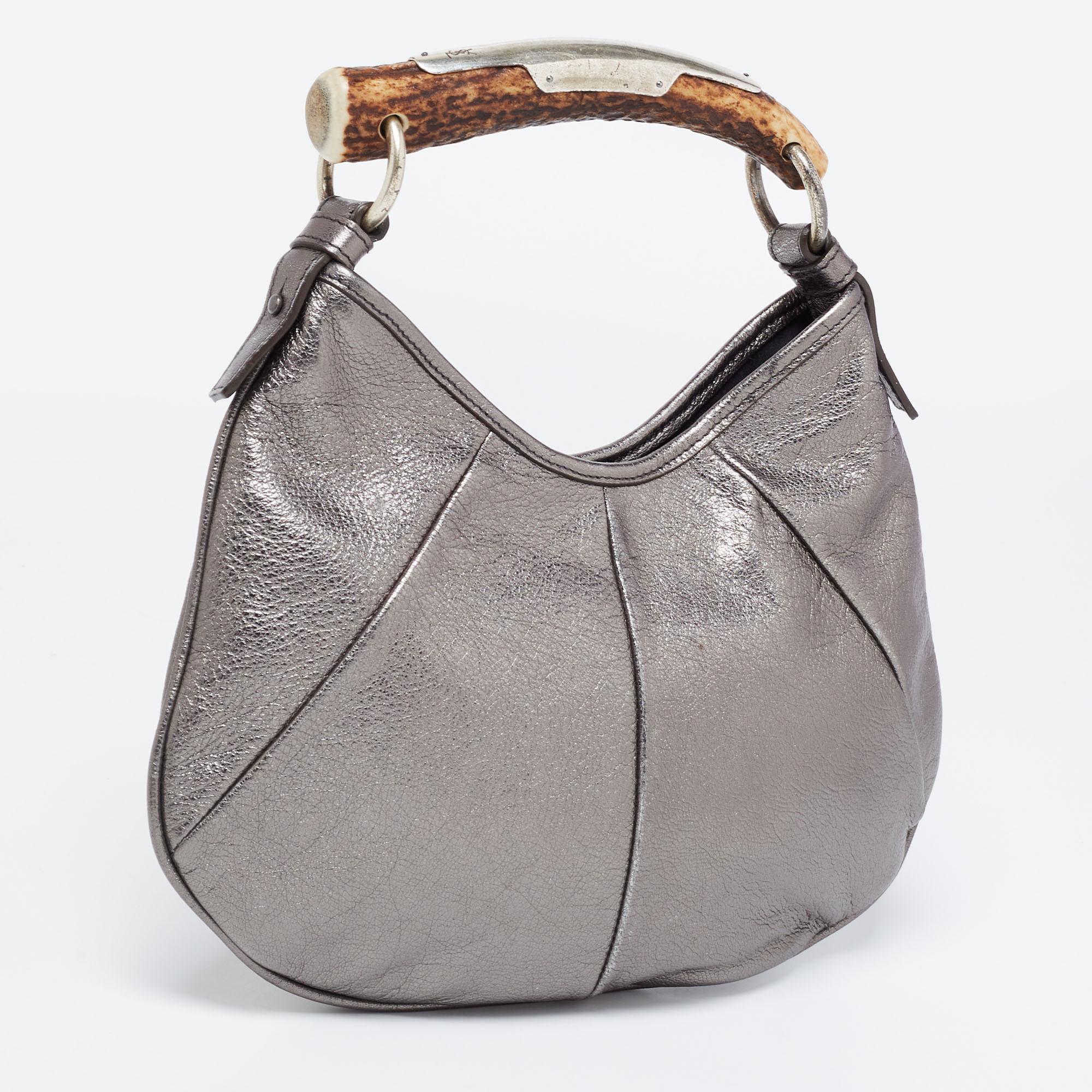 Yves Saint Laurent Grey Leather Mombasa Hobo In Good Condition In Dubai, Al Qouz 2