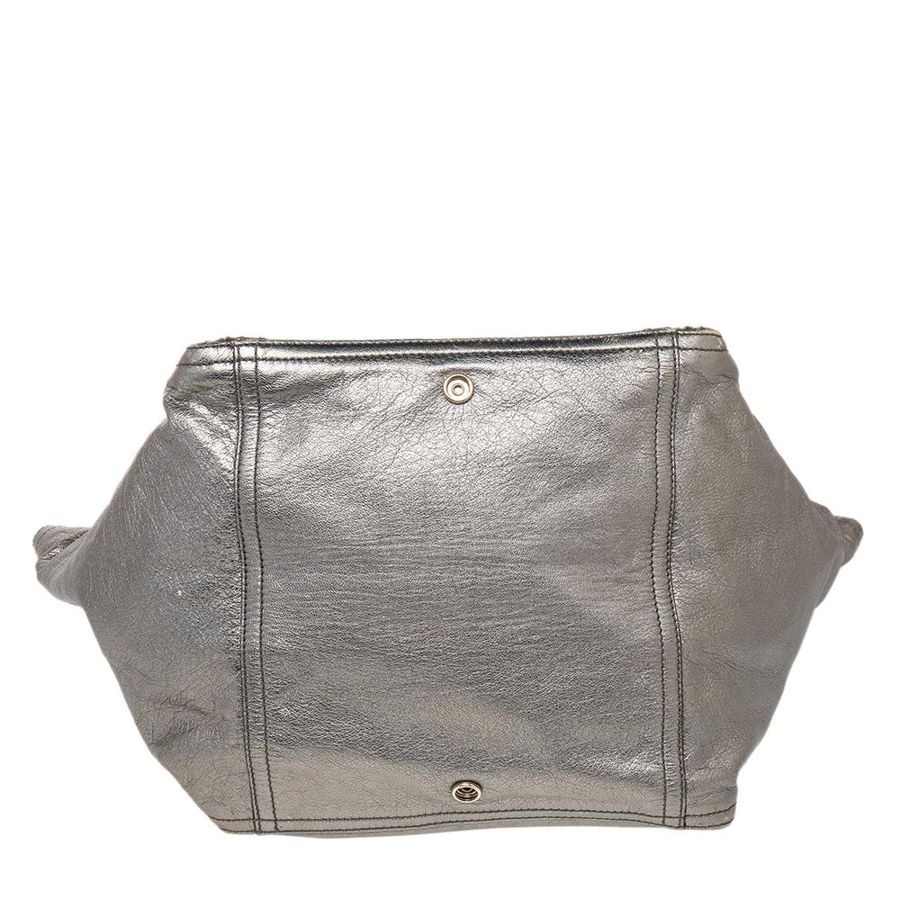 Gray Yves Saint Laurent Grey Metallic Leather Downtown Tote