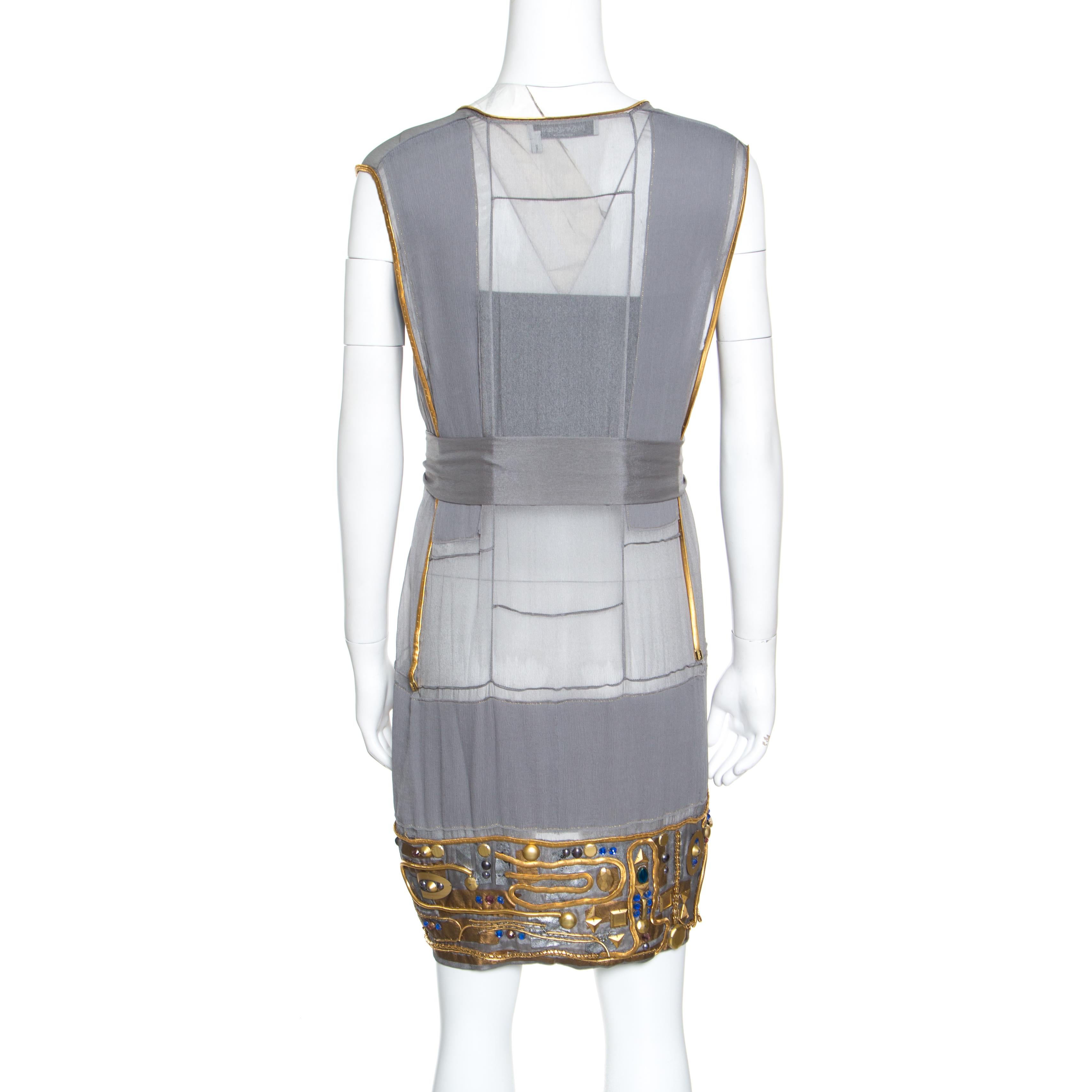 Gray Yves Saint Laurent Grey Sheer Silk Egyptian Style Embellished Tunic M