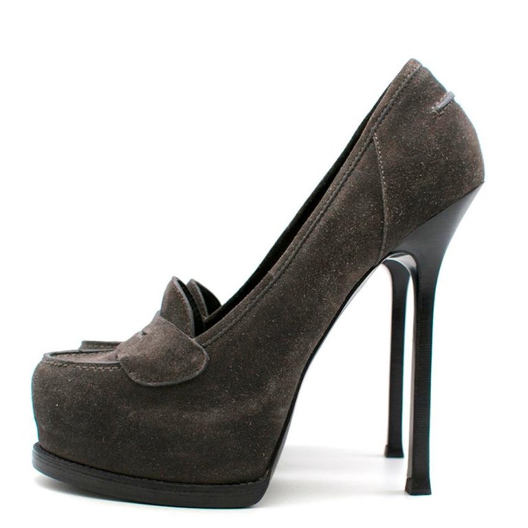 Yves Saint Laurent Grey Suede Heeled Penny Loafers 36 For Sale at 1stDibs | ysl penny loafers