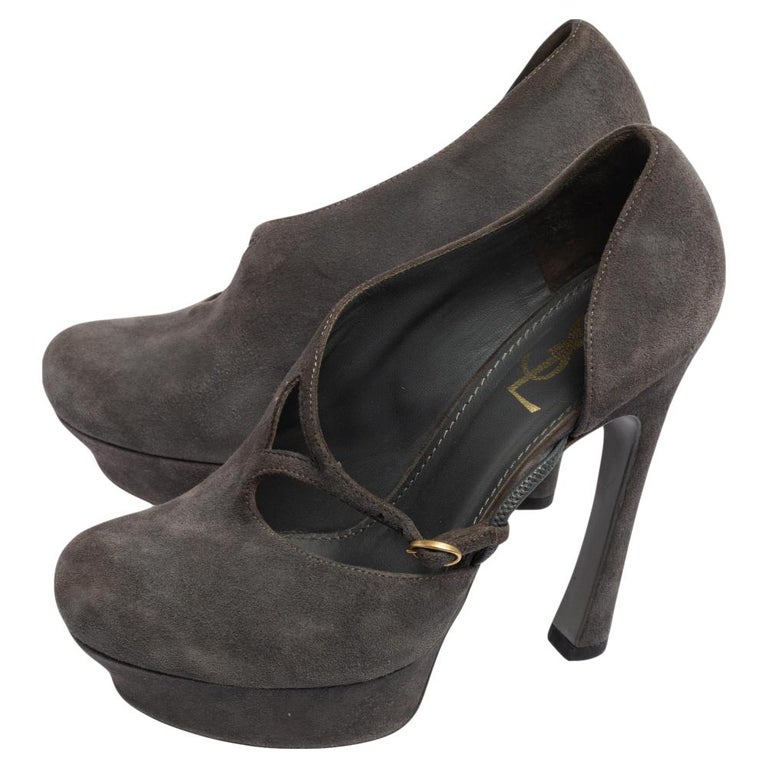 Yves Saint Laurent Grey Suede Side Buckle Platform Pumps Size 39 For Sale  at 1stDibs | grey suede pumps, dark gray heels, charcoal grey heels